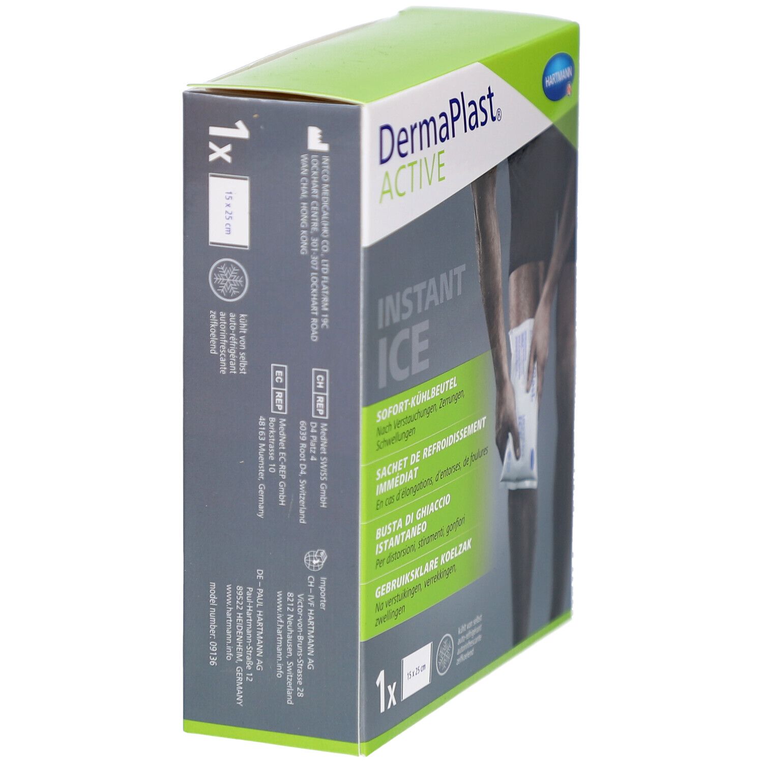 Seitenansicht der DermaPlast Active Instant Ice Verpackung. Box mit Produktnamen und Logo. 15 x 25 cm.
