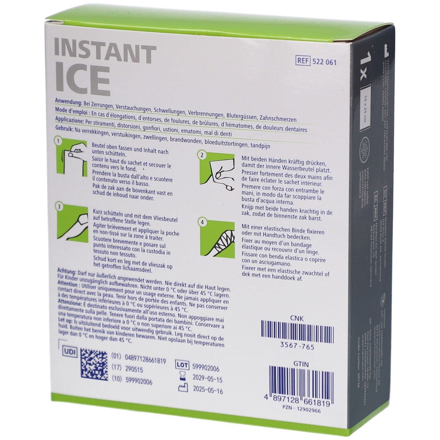 Rückseite der DermaPlast Active Instant Ice Verpackung. Anwendungshinweise und Produktinformationen. 15 x 25 cm.