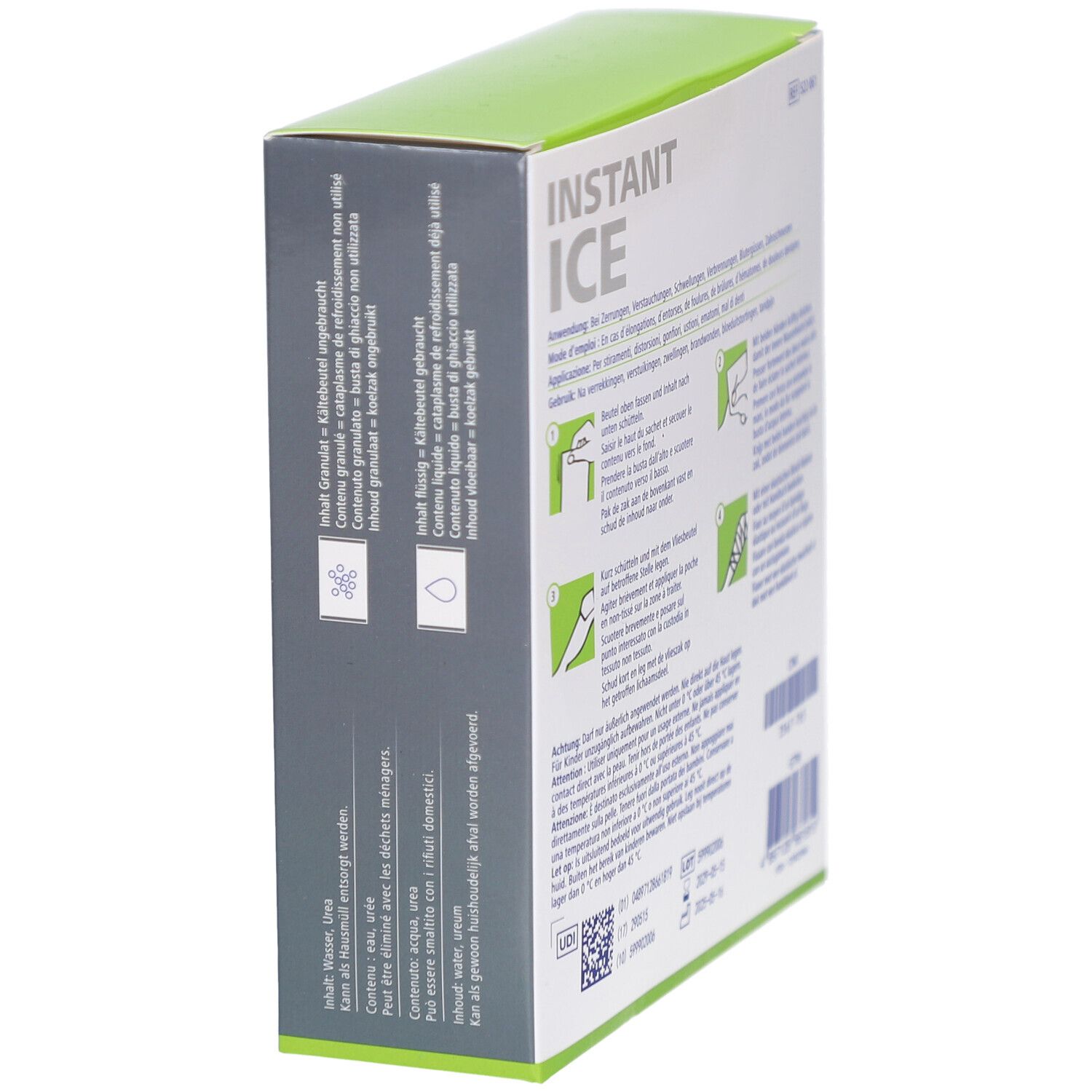 Seitenansicht der DermaPlast Active Instant Ice Verpackung. Anwendungshinweise und Produktinformationen. 15 x 25 cm.