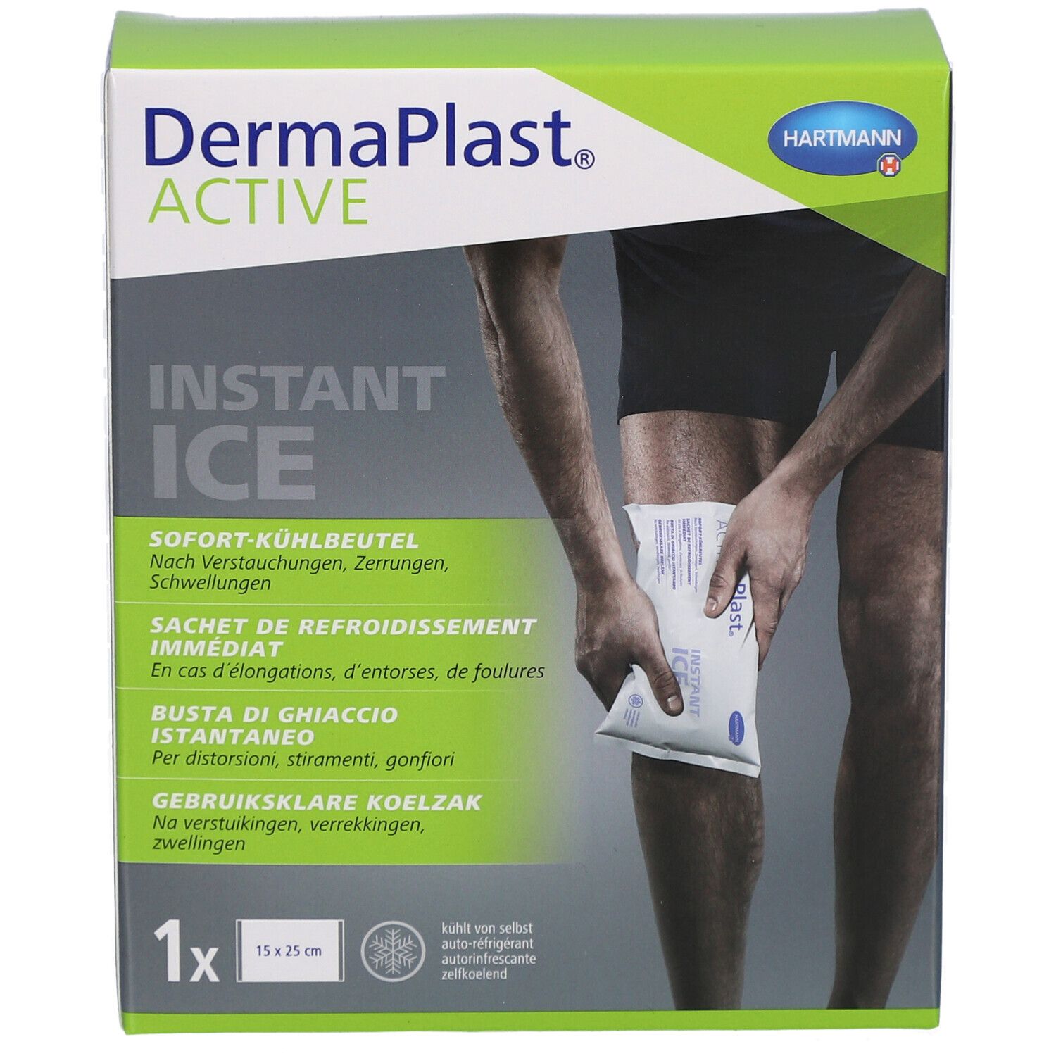 Verpackung von DermaPlast Active Instant Ice. Box mit Produktabbildung und Anwendung am Bein. 15 x 25 cm.