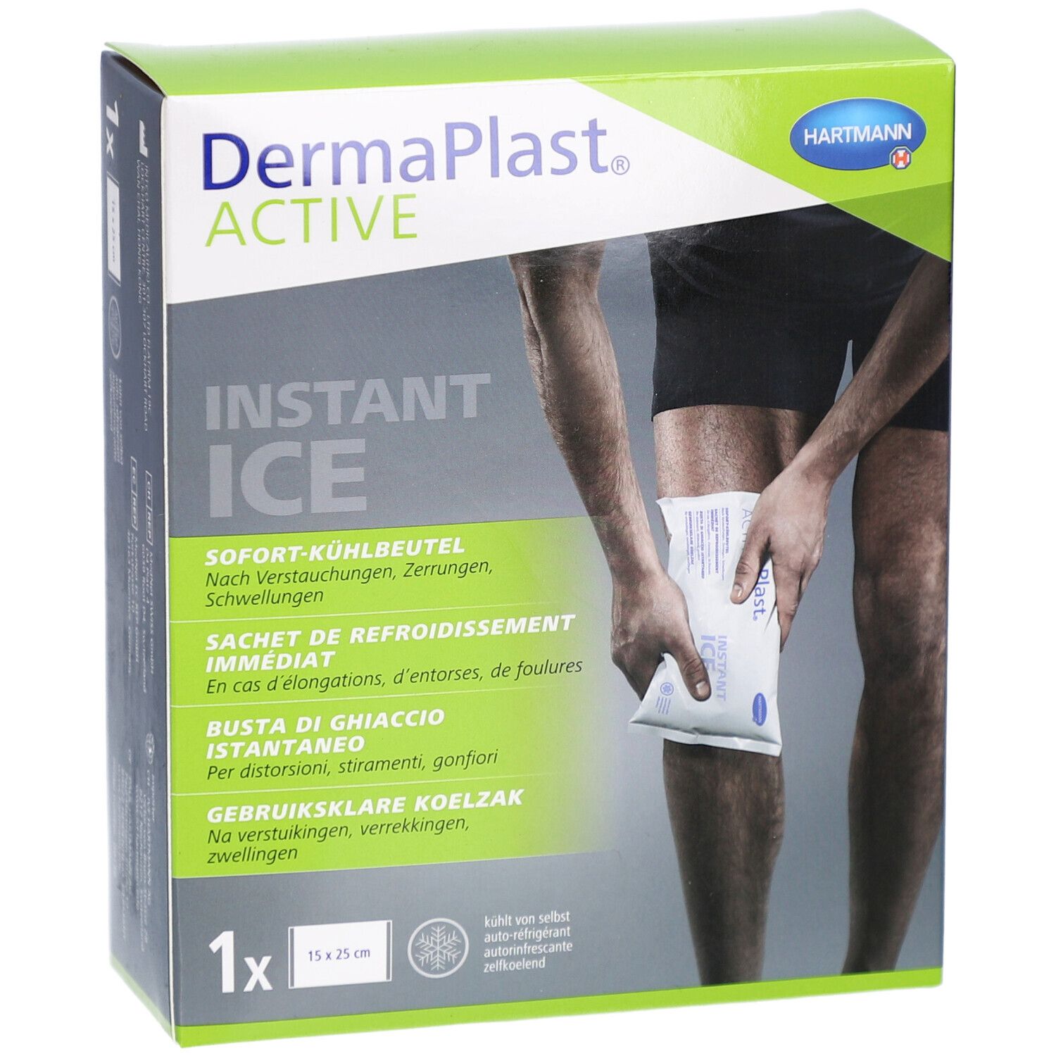 Verpackung von DermaPlast Active Instant Ice. Box mit Produktabbildung und Anwendung am Bein. 15 x 25 cm.