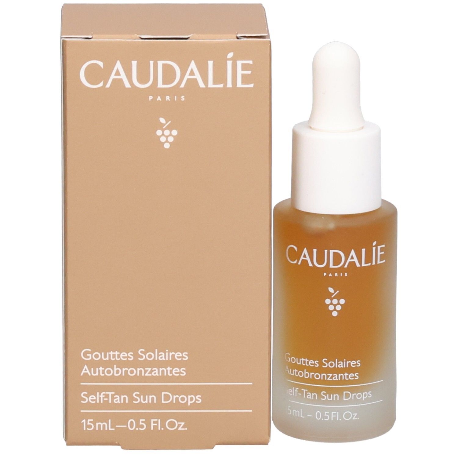 Produktflasche und Verpackung nebeneinander. Braune Flüssigkeit in Glasflasche mit Tropfer.