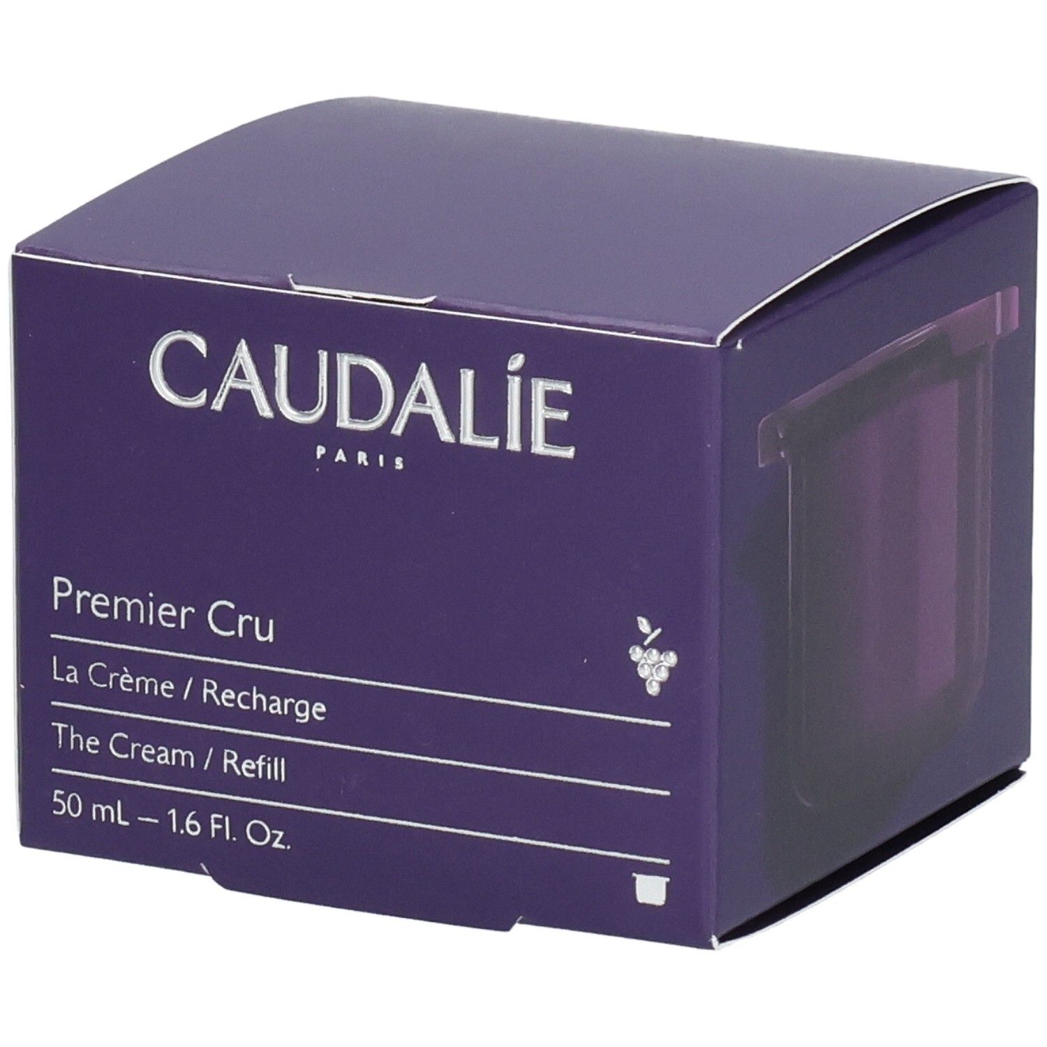 Emballage carton violet. Logo Caudalie et nom du produit Premier Cru. Texte: La Crème/Recharge, 50 ml.