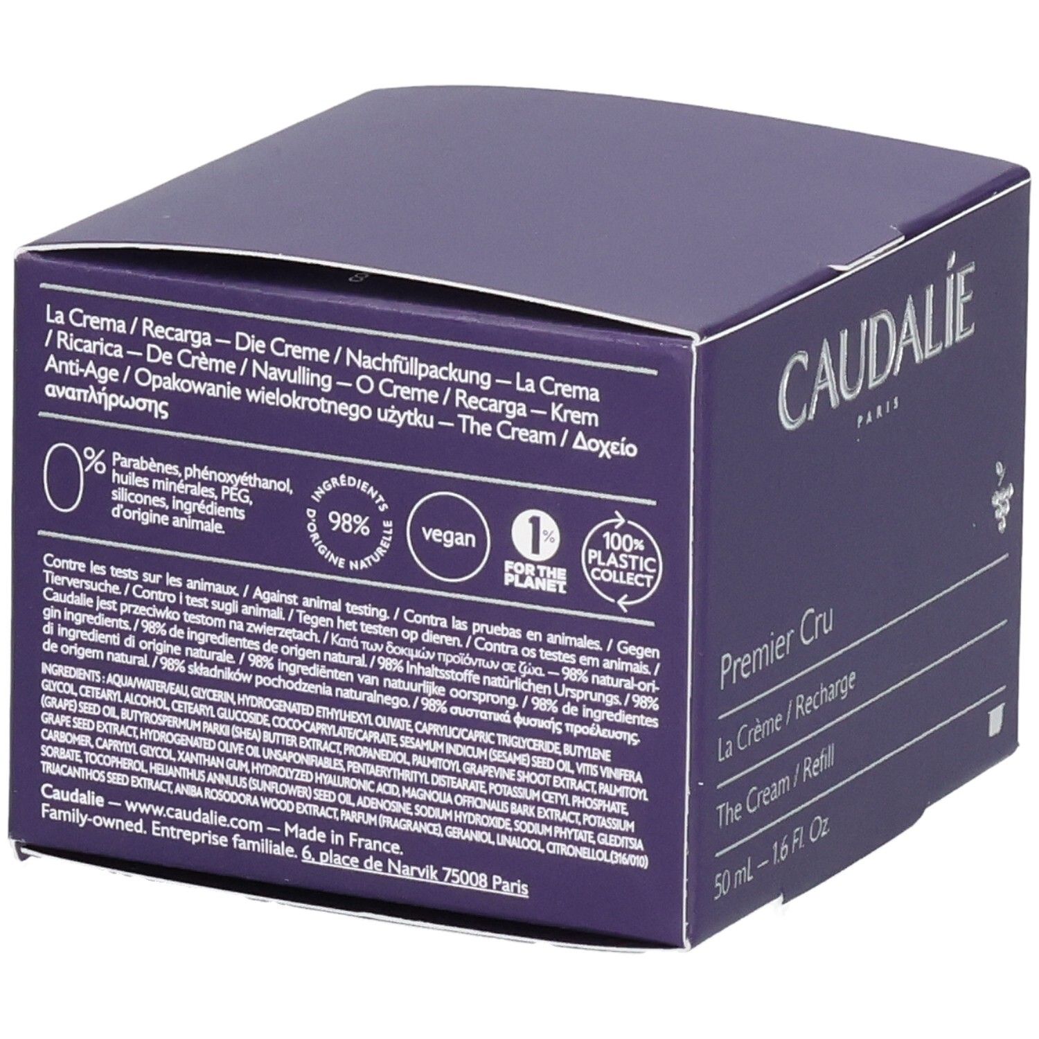 Emballage carton violet. Dos avec informations produit et ingrédients. Logo Caudalie.