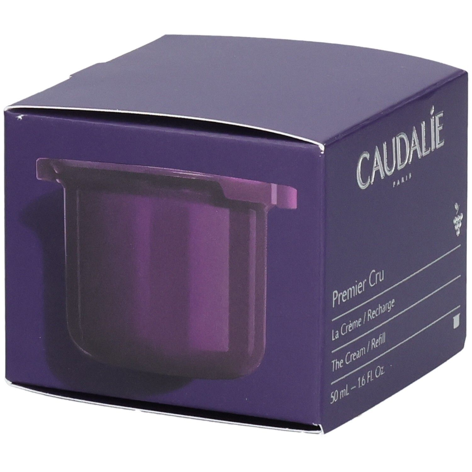 Emballage carton violet. Logo Caudalie et nom du produit Premier Cru. Produit visible à l'intérieur.