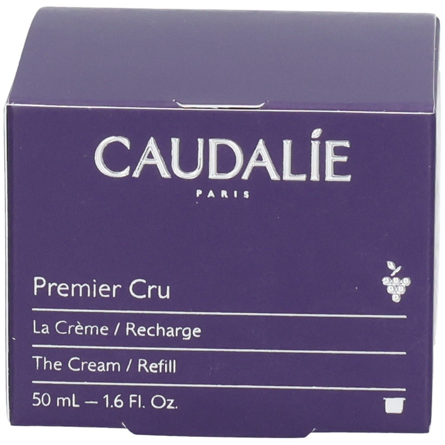 Emballage carton violet. Logo Caudalie et nom du produit Premier Cru. Texte: La Crème/Recharge, 50 ml.