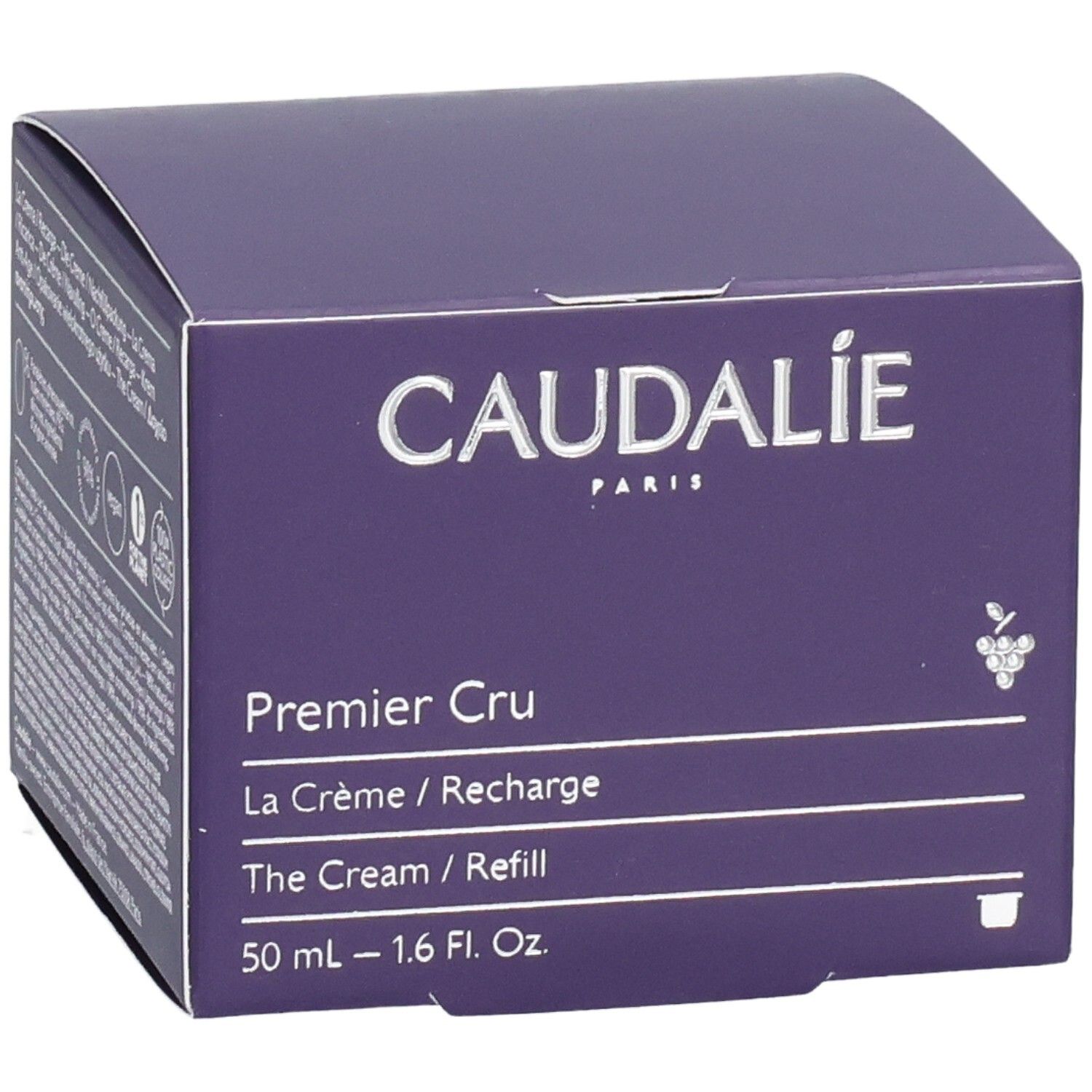 Emballage carton violet. Logo Caudalie et nom du produit Premier Cru. Texte: La Crème/Recharge, 50 ml.