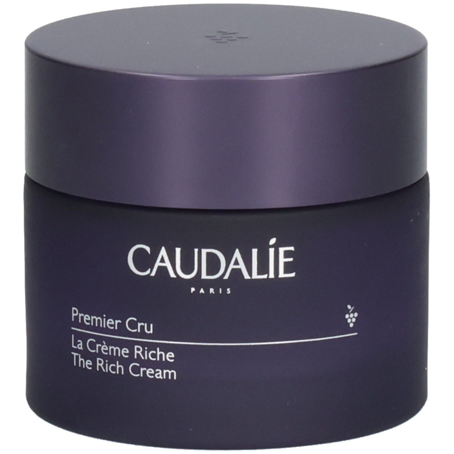 Dunkelvioletter Tiegel mit Deckel. Aufschrift Caudalie, Premier Cru, La Crème Riche, The Rich Cream.
