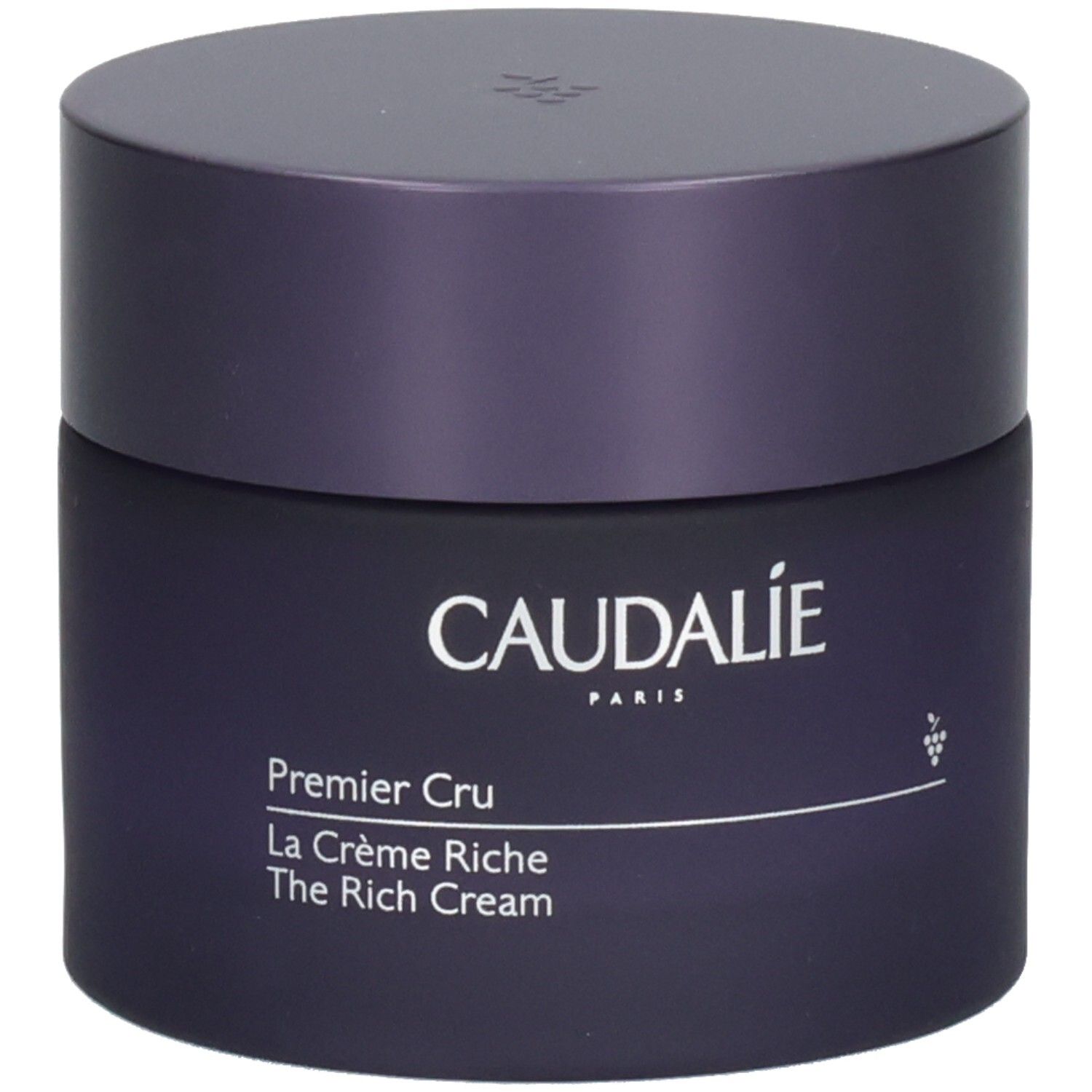 Dunkelvioletter Tiegel mit Deckel. Aufschrift Caudalie, Premier Cru, La Crème Riche, The Rich Cream.
