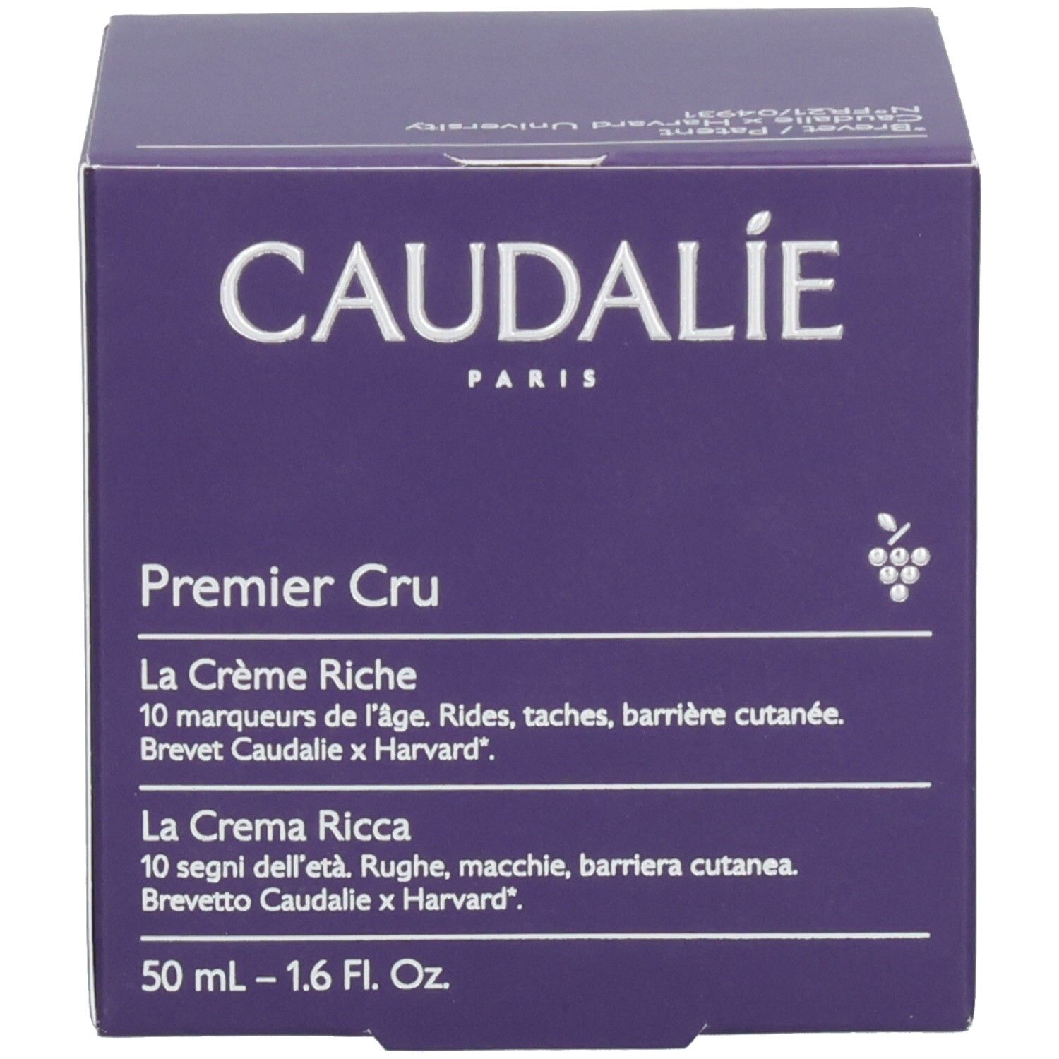 Violette Schachtel mit Aufschrift Caudalie, Premier Cru, La Crème Riche. 50 ml - 1.6 Fl. Oz.
