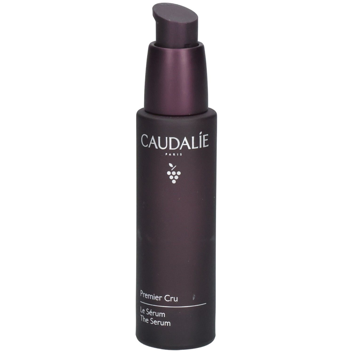 Dunkelviolette Flasche mit Pumpe. Caudalie-Logo und Produktbezeichnung Premier Cru Le Sérum.