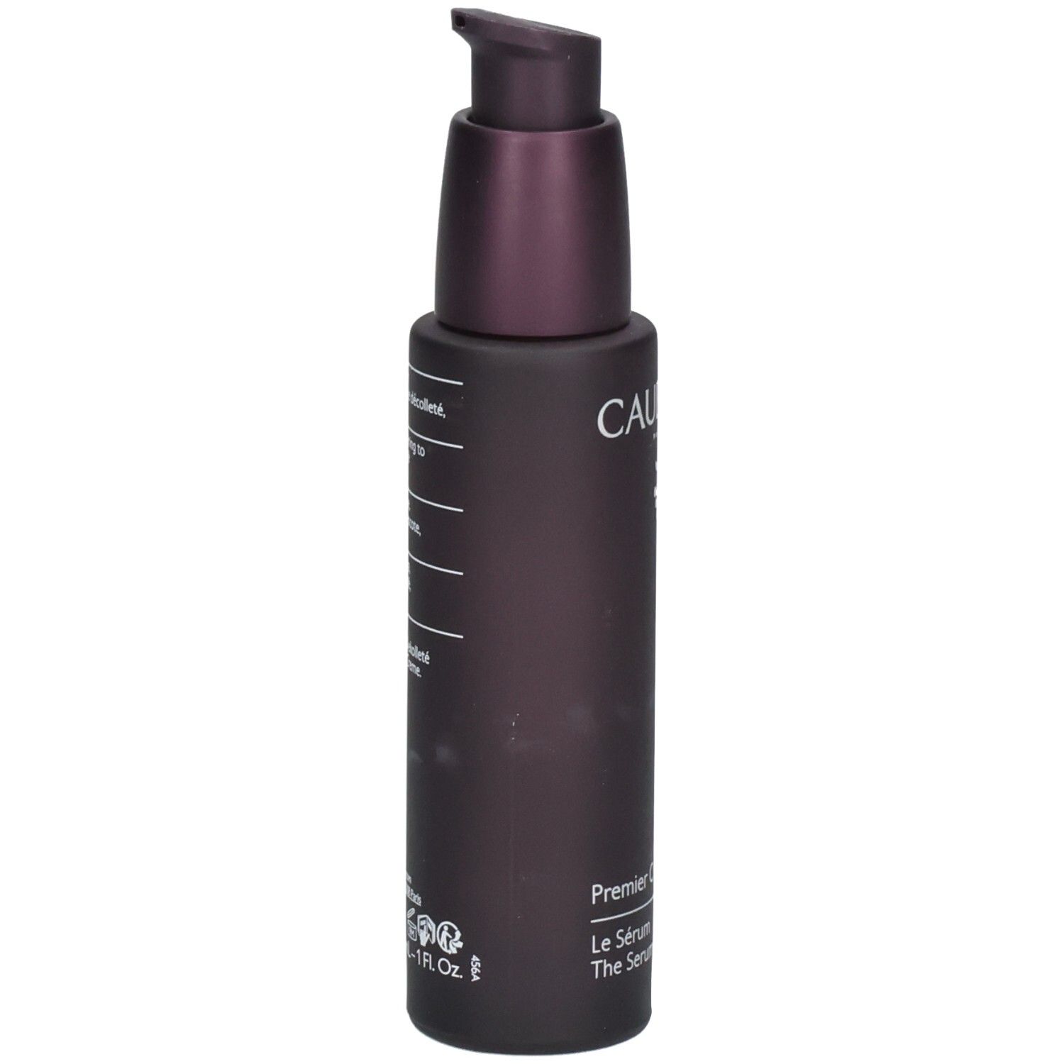 Dunkelviolette Flasche mit Pumpspender, Caudalie-Logo und Produktinformationen.