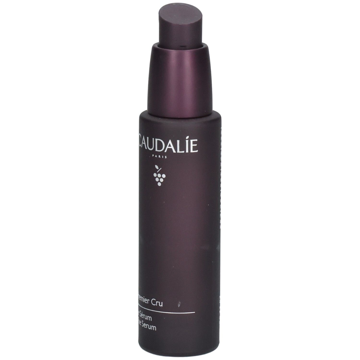 Dunkelviolette Flasche mit Pumpe. Caudalie-Logo und Produktbezeichnung Premier Cru Le Sérum.