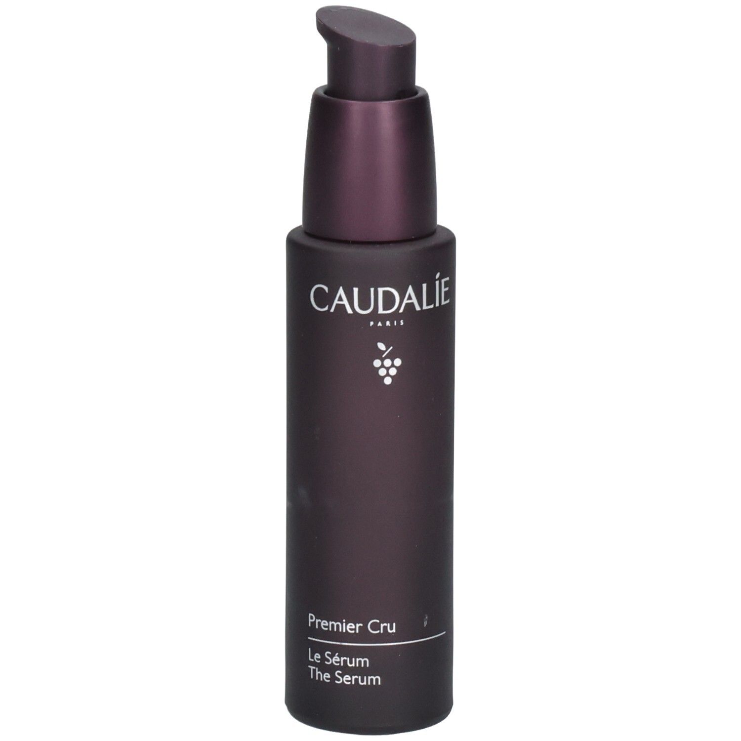 Dunkelviolette Flasche mit Pumpe. Caudalie-Logo und Produktbezeichnung Premier Cru Le Sérum.