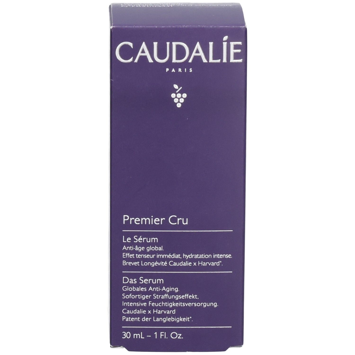 Violette Schachtel mit Caudalie-Logo und Produktbezeichnung Premier Cru Le Sérum. Text in mehreren Sprachen.