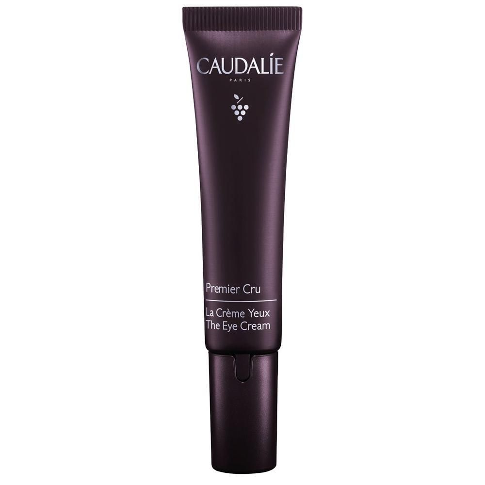 Tube violet foncé avec bouchon à vis. CAUDALIE PARIS en haut, symbole de raisin en dessous. Premier Cru, La Crème Yeux, The Eye Cream en dessous.