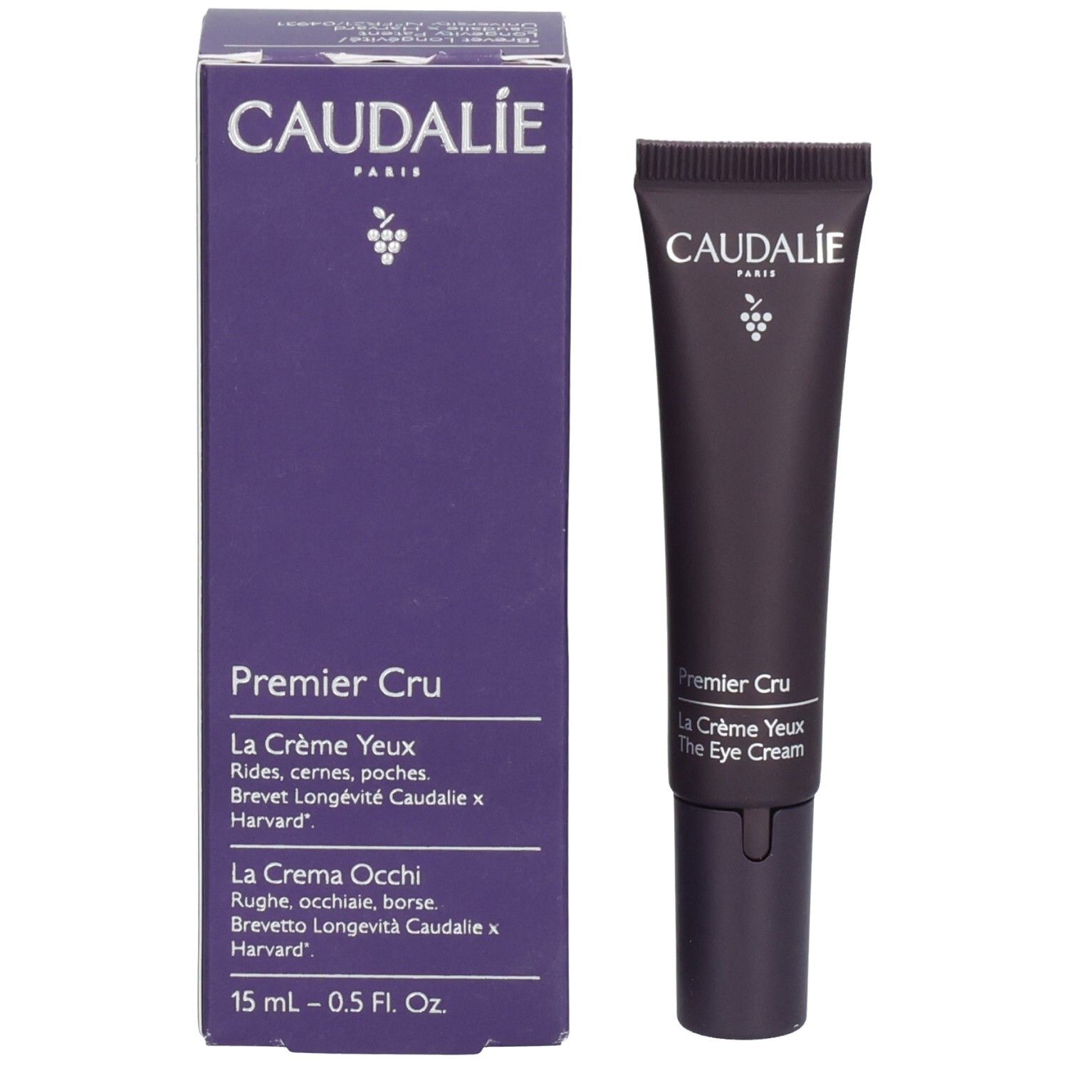 Dunkelviolette Schachtel mit Caudalie-Logo und Produktnamen Premier Cru. Produkt und Verpackung.