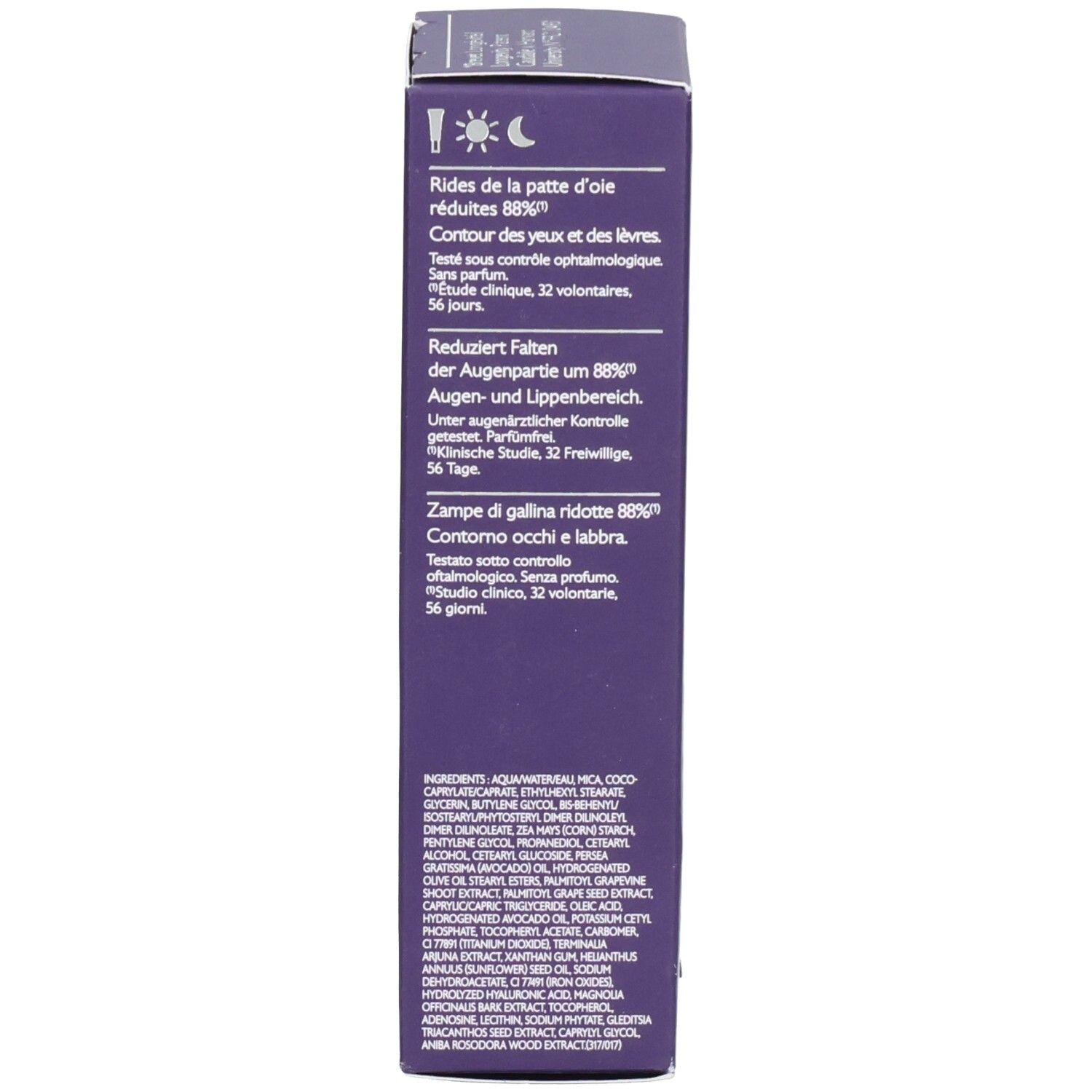 Rückseite der Produktverpackung. Text über Ergebnisse, Inhaltsstoffe und Hersteller.