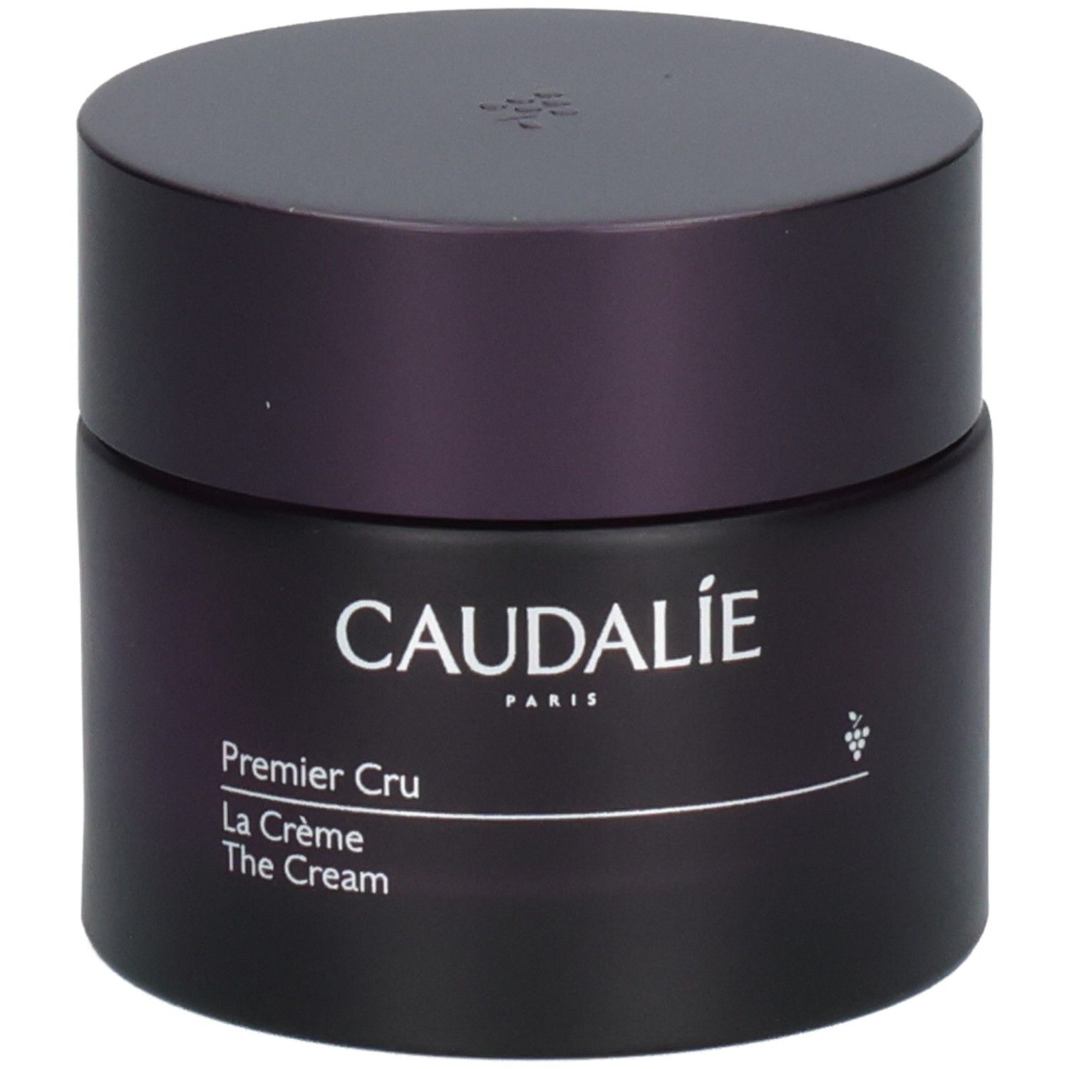 Dunkelviolettes Tiegel mit Deckel. Aufschrift: Caudalie Paris, Premier Cru La Crème The Cream. Trauben-Symbol.