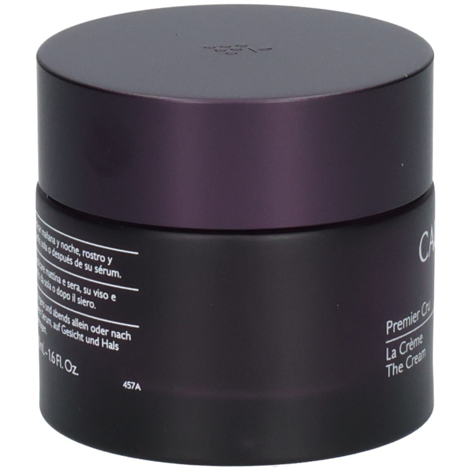 Dunkelviolettes Tiegel mit Deckel. Aufschrift: Caudalie Paris, Premier Cru La Crème The Cream. Trauben-Symbol.