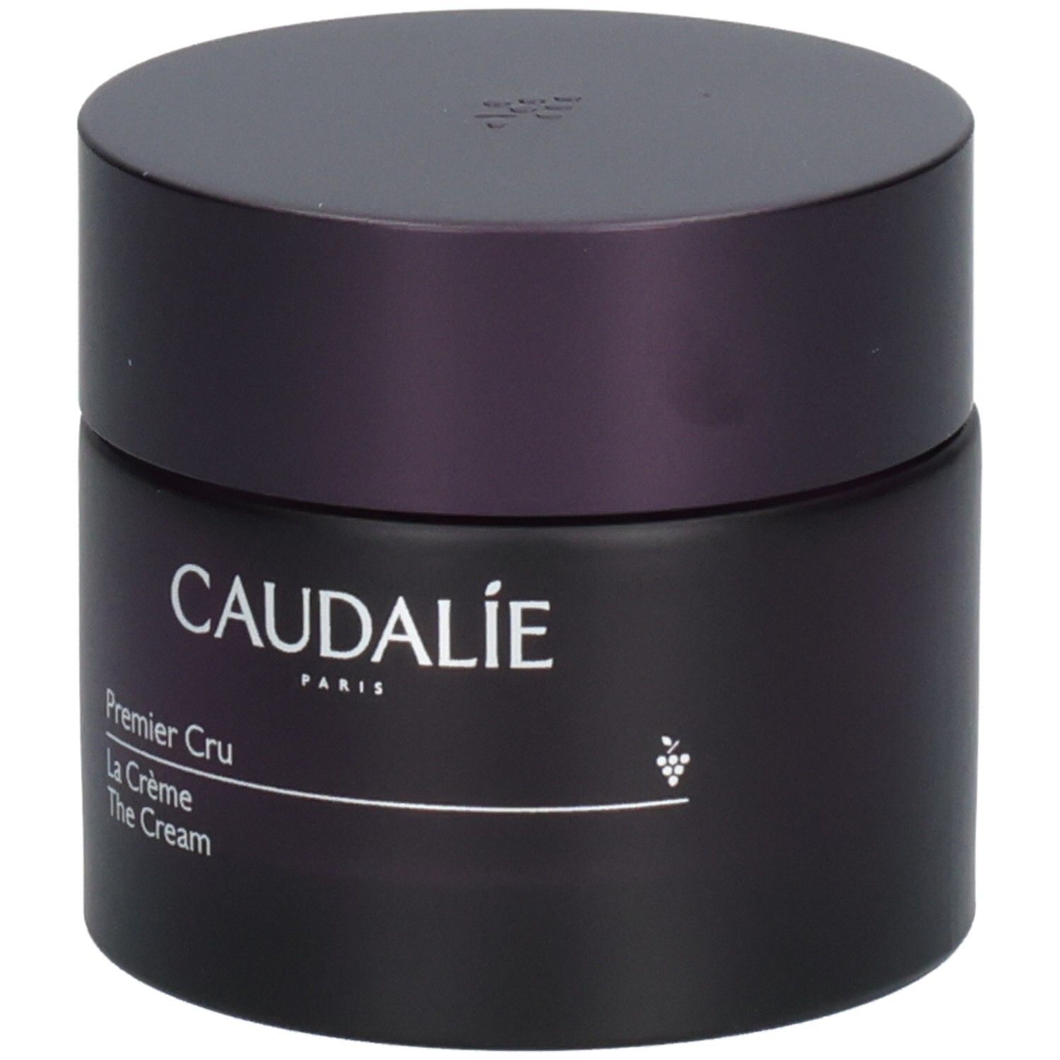 Dunkelviolettes Tiegel mit Deckel. Aufschrift: Caudalie Paris, Premier Cru La Crème The Cream. Trauben-Symbol.