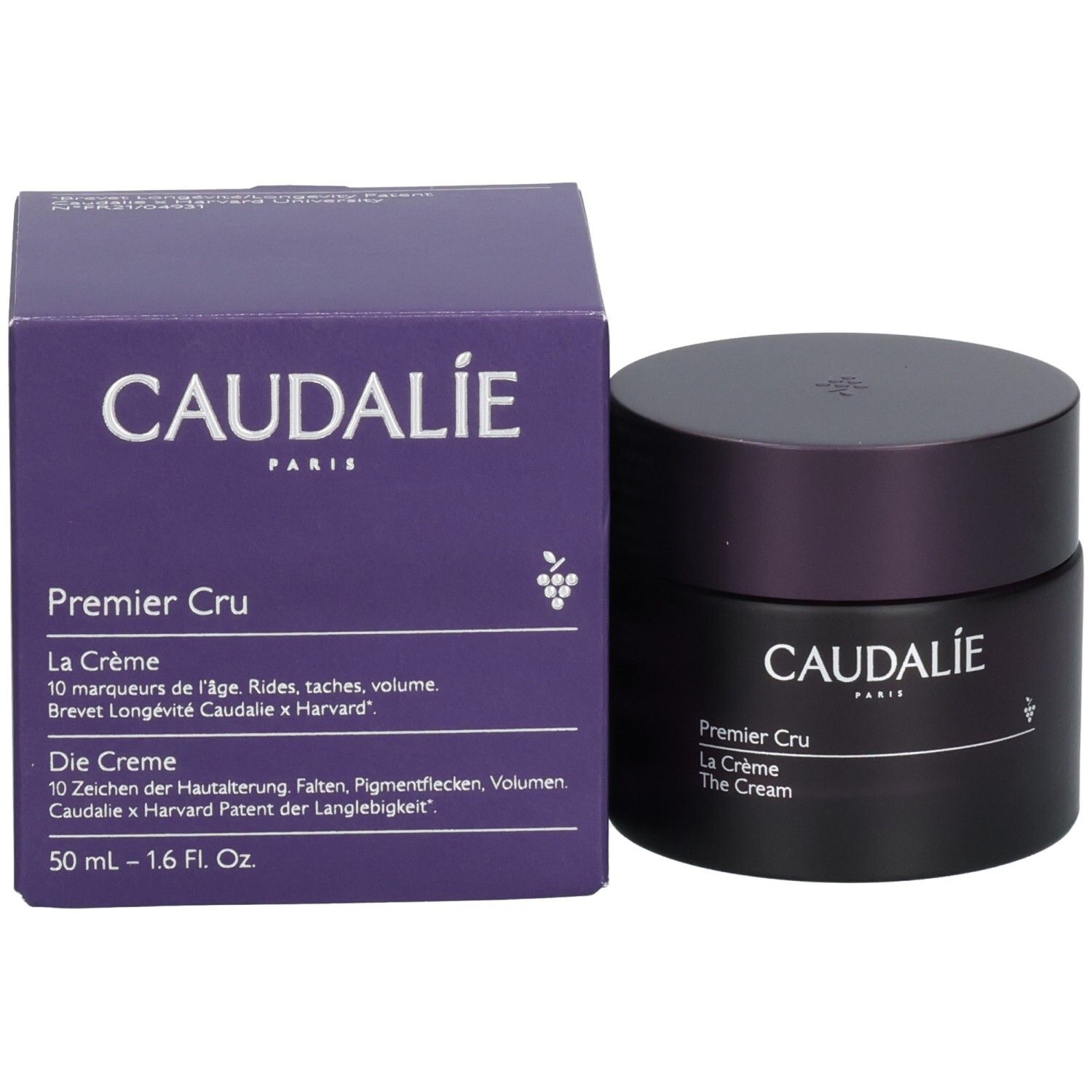 Creme-Tiegel und Schachtel. Aufschrift: Caudalie Paris, Premier Cru La Crème. 50 ml. Trauben-Symbol. Box.