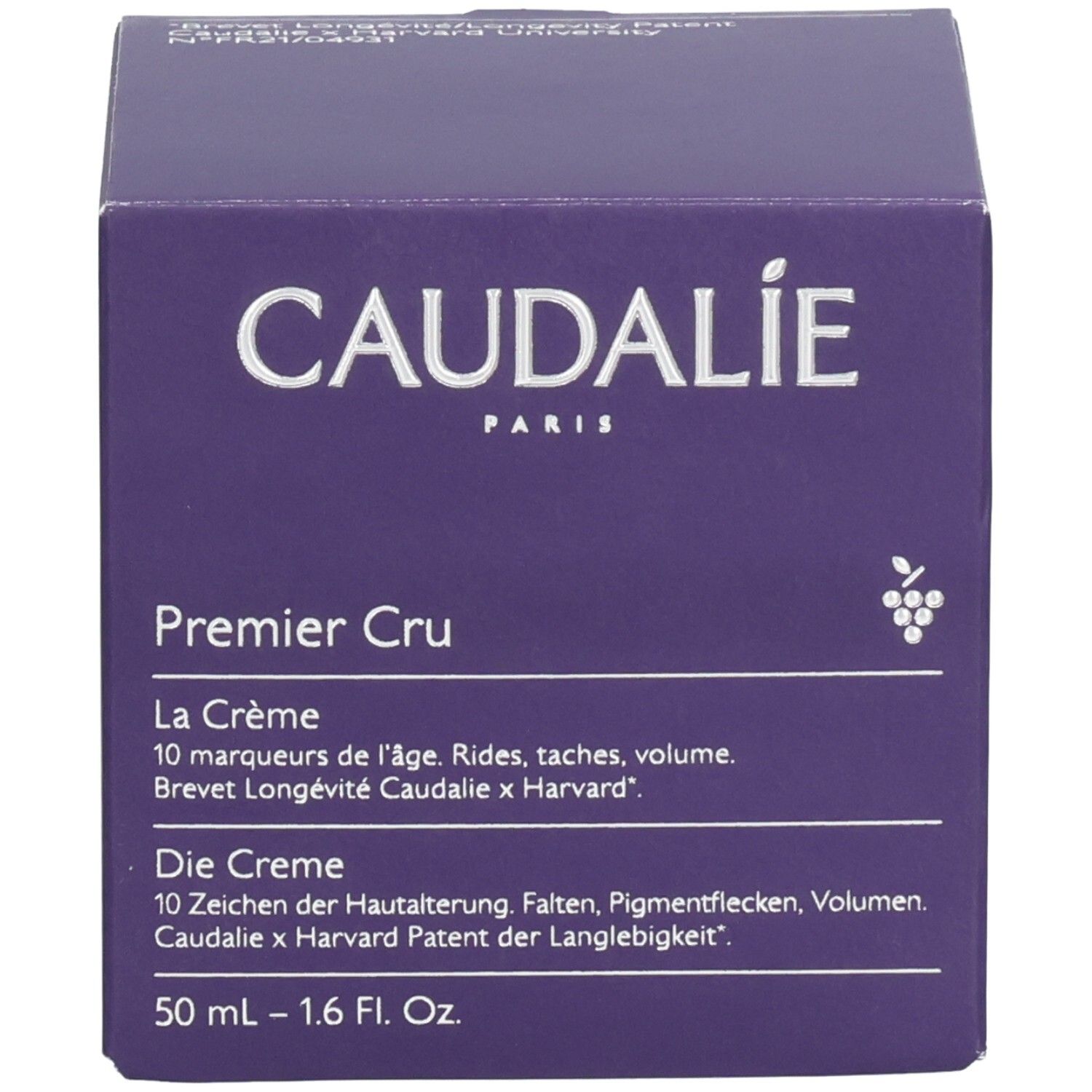 Violette Schachtel. Aufschrift: Caudalie Paris, Premier Cru La Crème. 50 ml. Trauben-Symbol. Text.