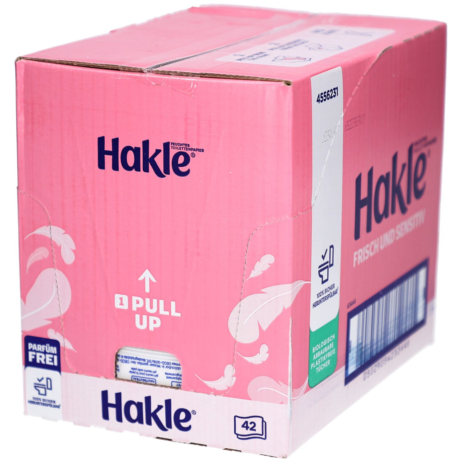 Rosa Kartonbox mit Hakle-Logo, "Frisch und Sensitiv" und "42" auf der Vorderseite. Enthält feuchtes Toilettenpapier. "Parfümfrei" und "Pull Up".