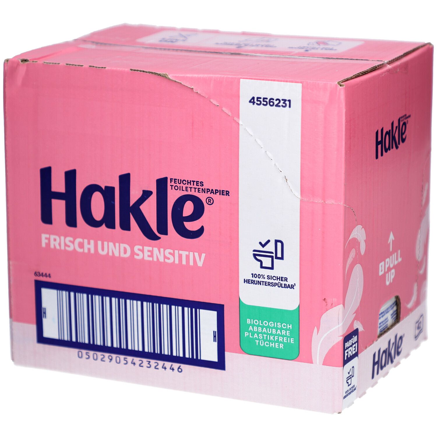 Rosa Kartonbox mit Hakle-Logo, "Frisch und Sensitiv" und Barcode. Enthält feuchtes Toilettenpapier. "100% sicher herunterspülbar" und "biologisch abbaubare, plastikfreie Tücher".