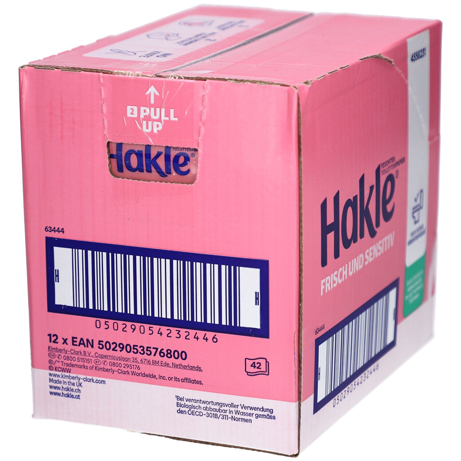 Rosa Kartonbox mit Hakle-Logo, "Frisch und Sensitiv" und Barcode. Enthält feuchtes Toilettenpapier. "12 x EAN 5029054232446" und "42" auf der Vorderseite.
