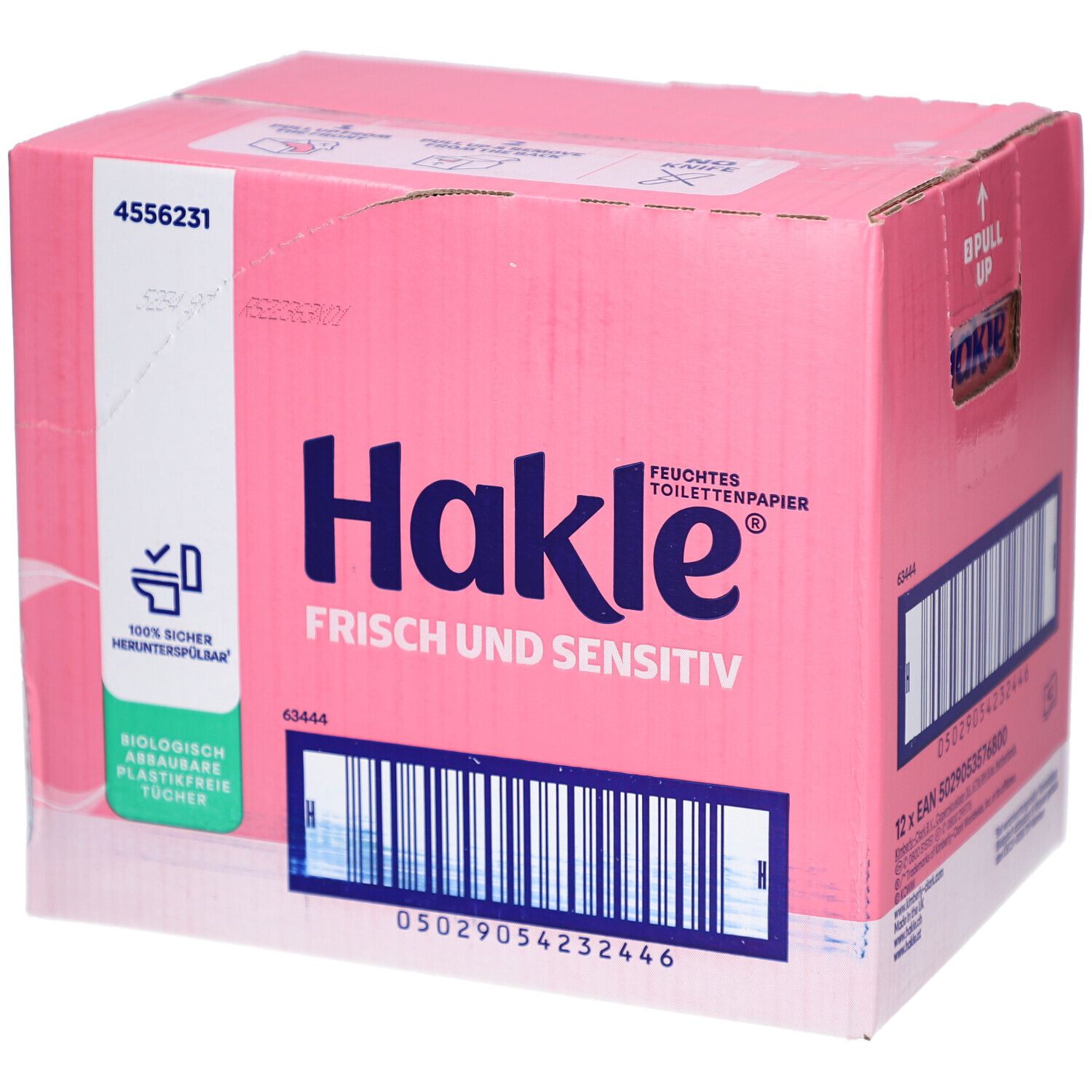 Rosa Kartonbox mit Hakle-Logo, "Frisch und Sensitiv" und Barcode. Enthält feuchtes Toilettenpapier. "100% sicher herunterspülbar" und "42" auf der Vorderseite.