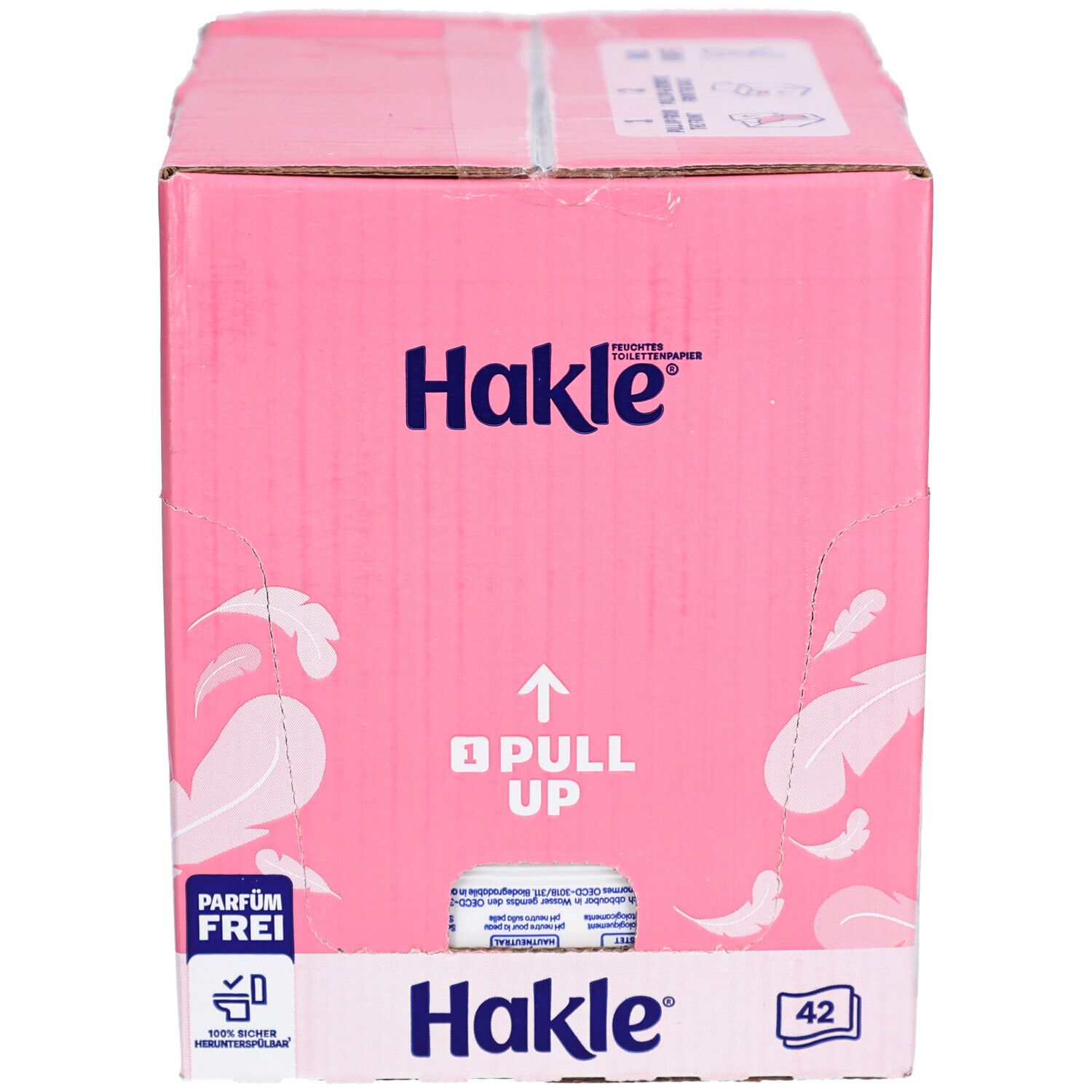 Rosa Kartonbox mit Hakle-Logo, "42" und "Pull Up" auf der Vorderseite. Enthält feuchtes Toilettenpapier. "Parfümfrei" und "100% sicher herunterspülbar".