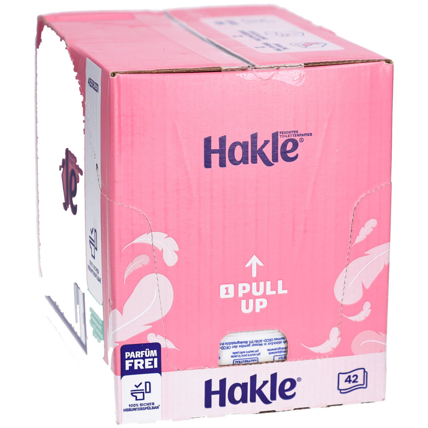 Rosa Kartonbox mit Hakle-Logo, "42" und "Pull Up" auf der Vorderseite. Enthält feuchtes Toilettenpapier. "Parfümfrei" und "100% sicher herunterspülbar".