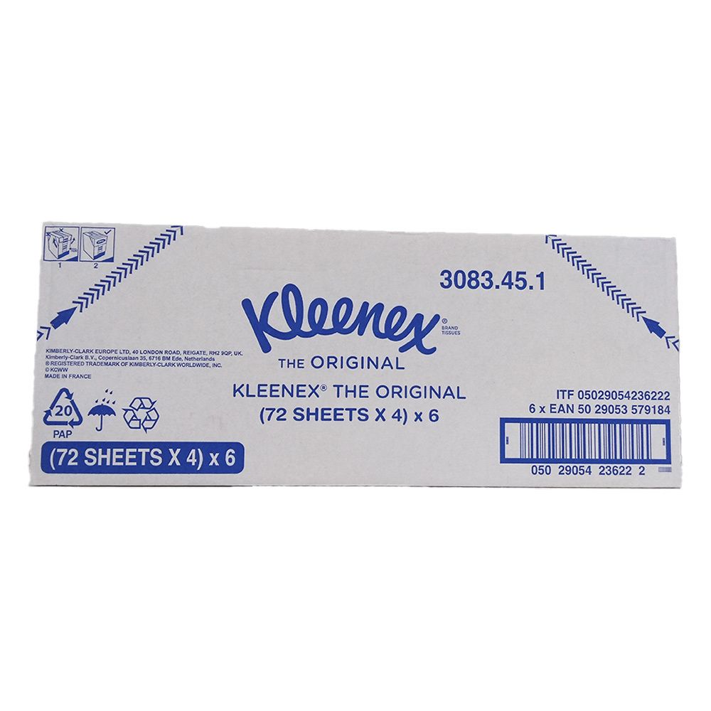 Kleenex-Taschentücher-Karton. Aufschrift: KLEENEX THE ORIGINAL, (72 BLÄTTER X 4) x 6. Mit Recycling-Symbolen.