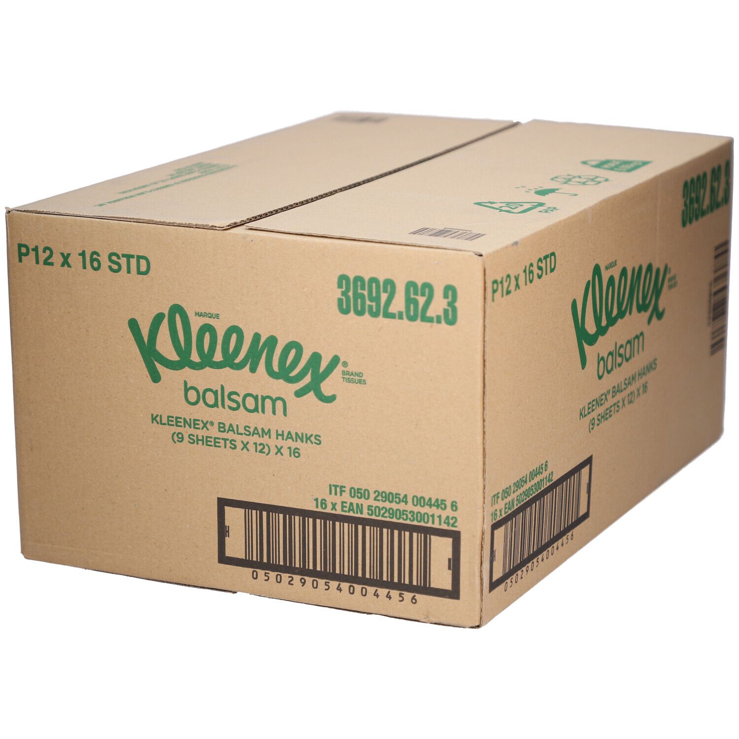 Karton mit Kleenex Balsam Taschentüchern. Aufdruck: Kleenex Balsam, P12 x 16 STD, 3692.62.3, Barcode.