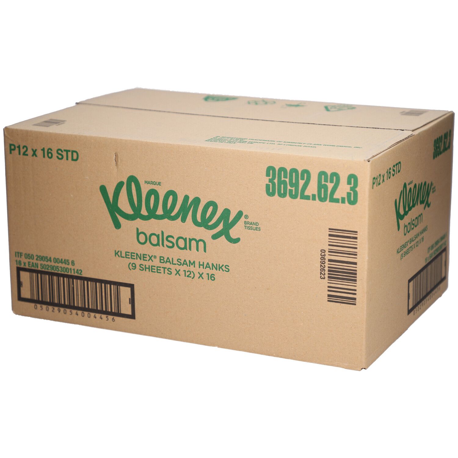 Karton mit Kleenex Balsam Taschentüchern. Aufdruck: Kleenex Balsam, P12 x 16 STD, 3692.62.3, Barcode.