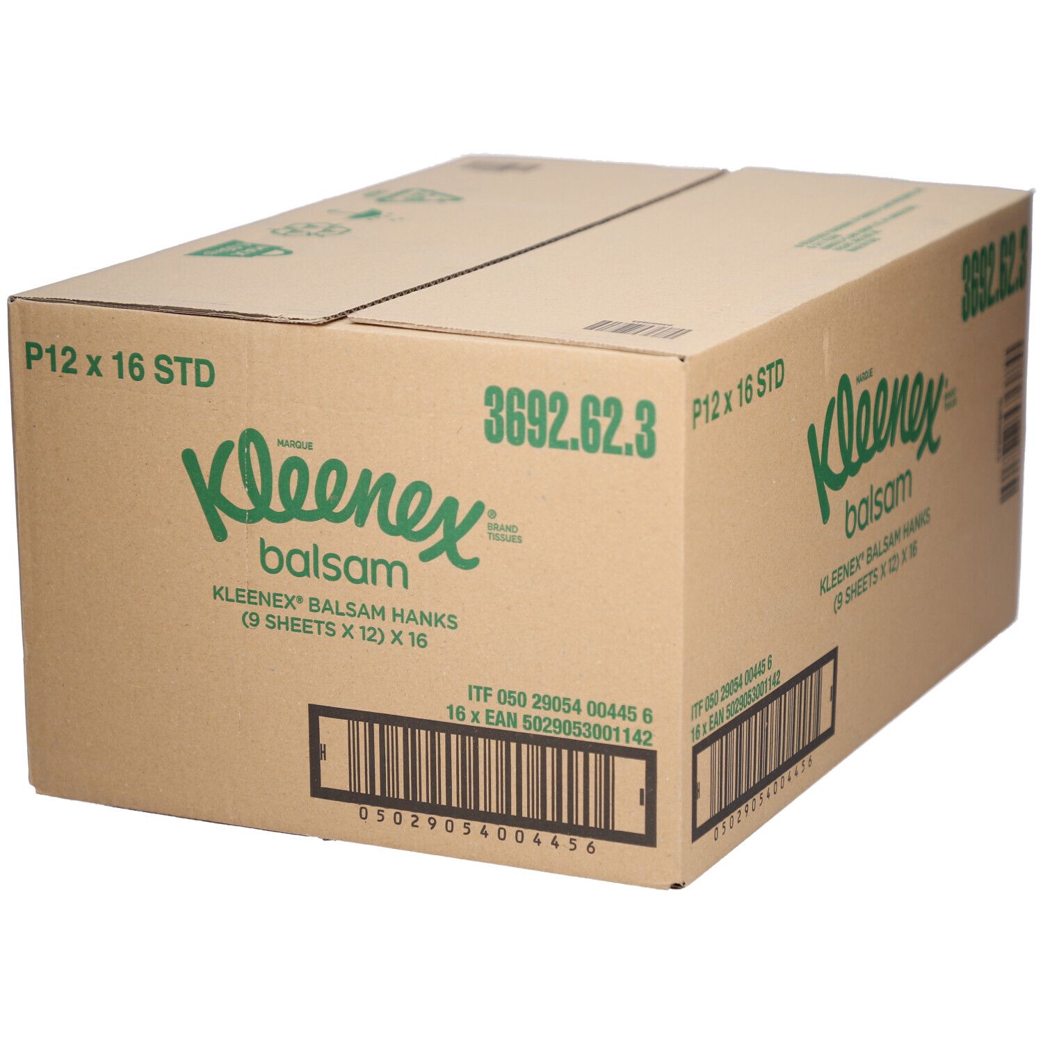 Karton mit Kleenex Balsam Taschentüchern. Aufdruck: Kleenex Balsam, P12 x 16 STD, 3692.62.3, Barcode.