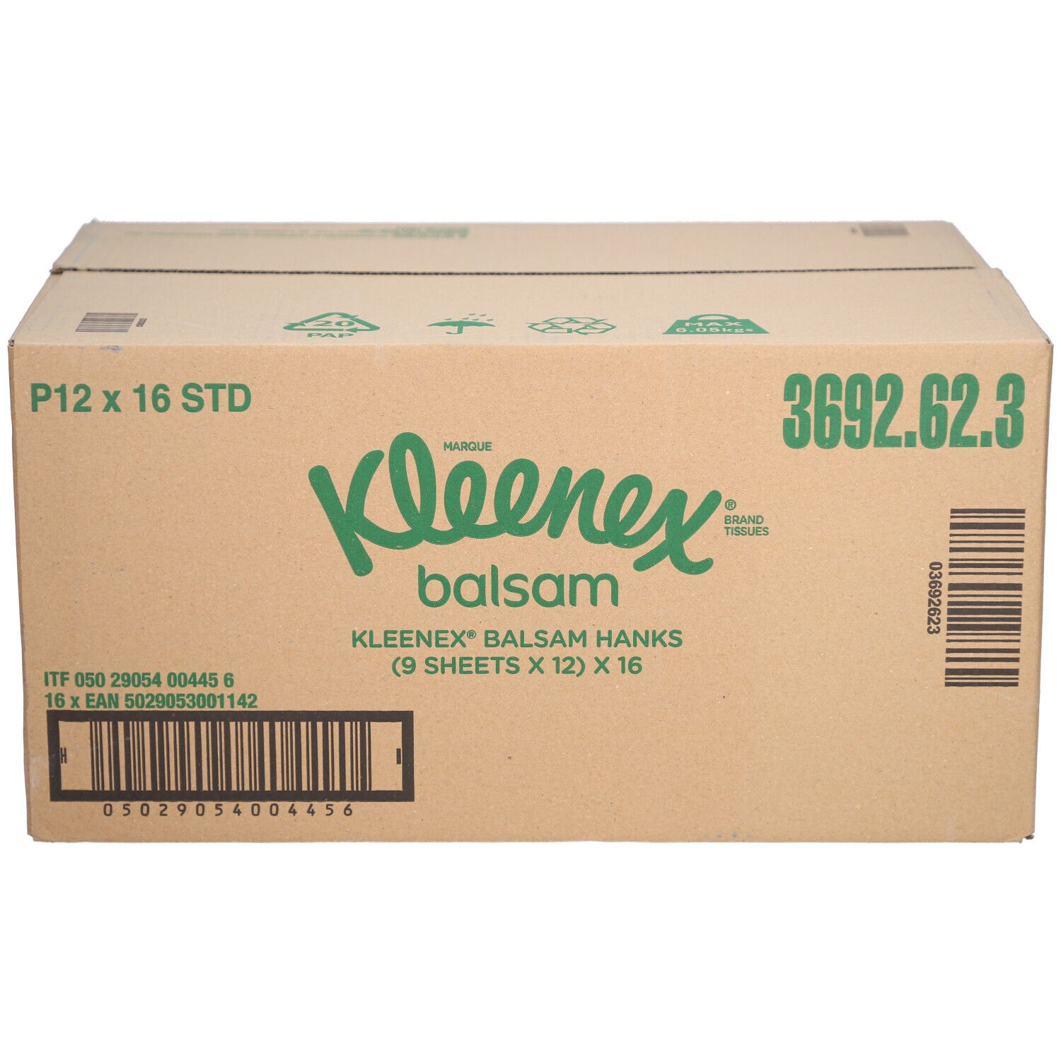 Karton mit Kleenex Balsam Taschentüchern. Aufdruck: Kleenex Balsam, P12 x 16 STD, 3692.62.3, Barcode.
