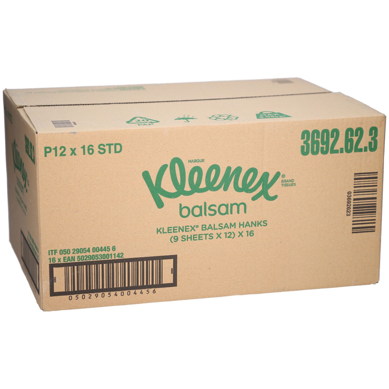 Karton mit Kleenex Balsam Taschentüchern. Aufdruck: Kleenex Balsam, P12 x 16 STD, 3692.62.3, Barcode.