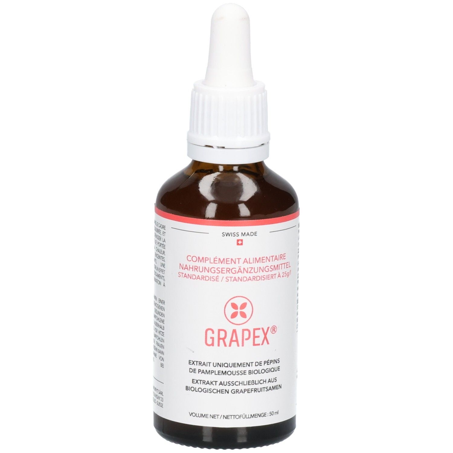 Braune Glasflasche mit Pipettenverschluss, enthält Grapefruitkernextrakt. 50 ml.