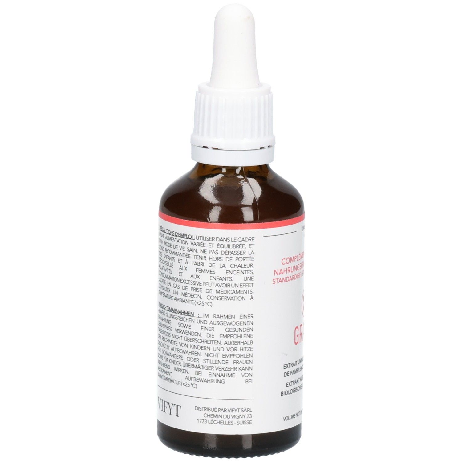 Rückseite einer braunen Glasflasche mit Pipettenverschluss, enthält Grapefruitkernextrakt. 50 ml.