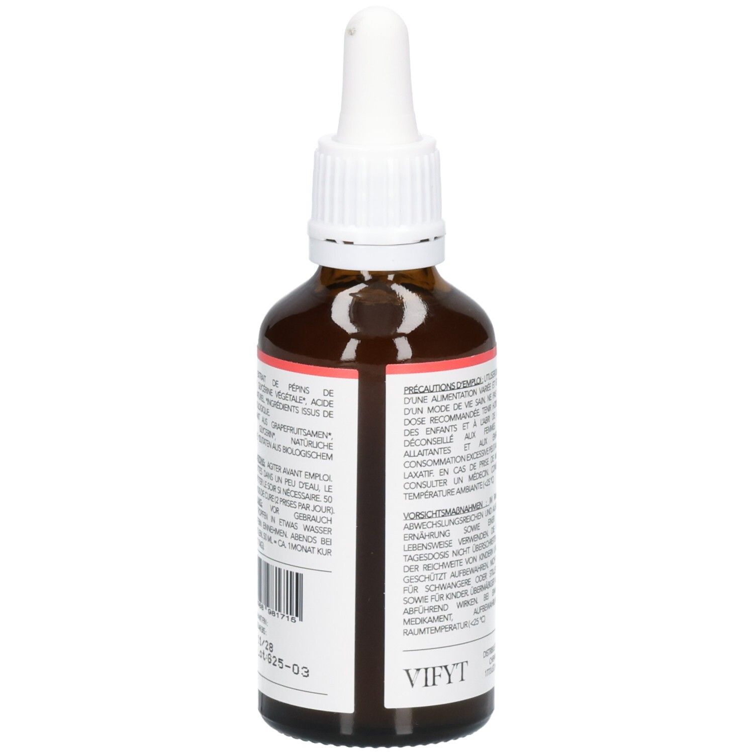 Seitenansicht einer braunen Glasflasche mit Pipettenverschluss, enthält Grapefruitkernextrakt. 50 ml.