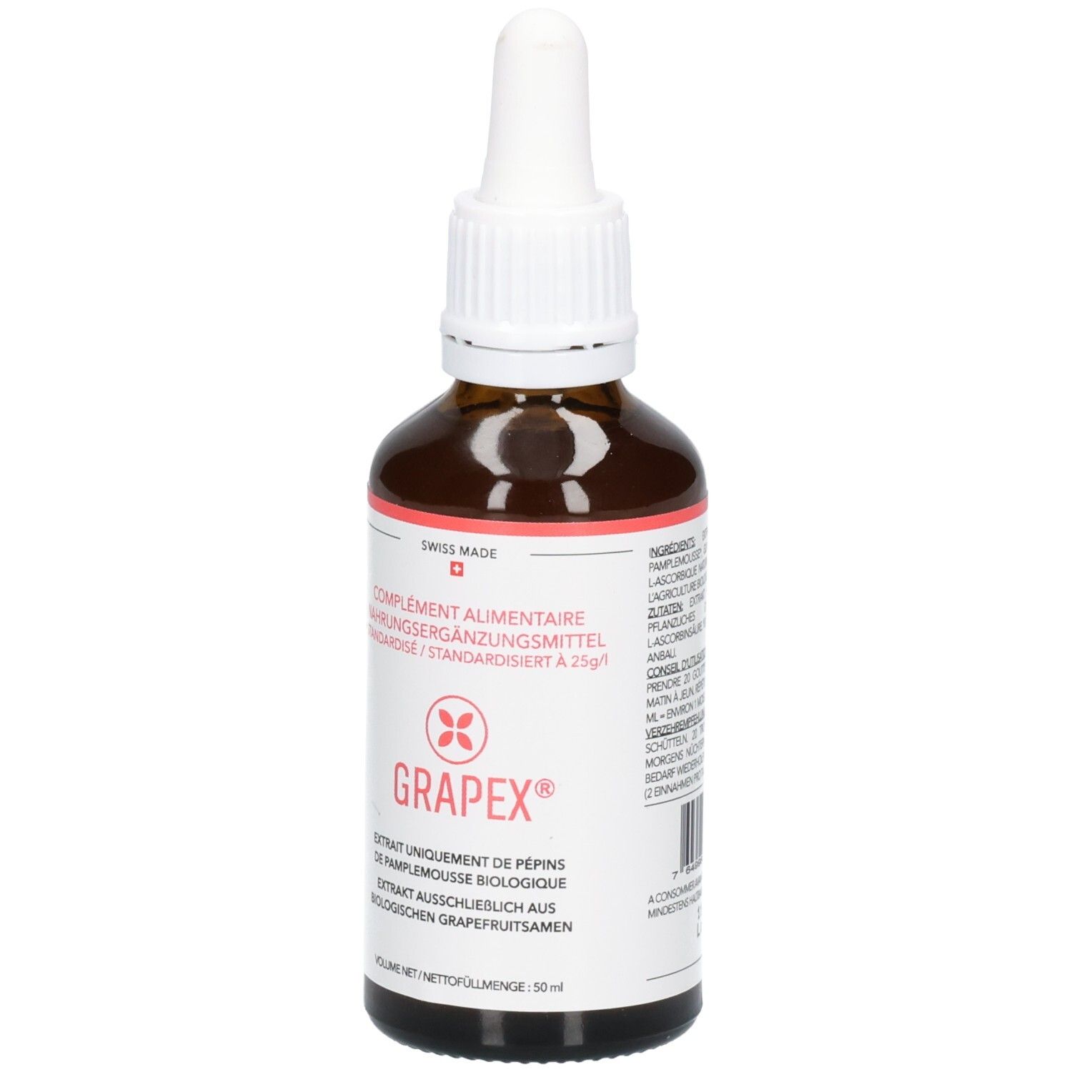Braune Glasflasche mit Pipettenverschluss, enthält Grapefruitkernextrakt. 50 ml.