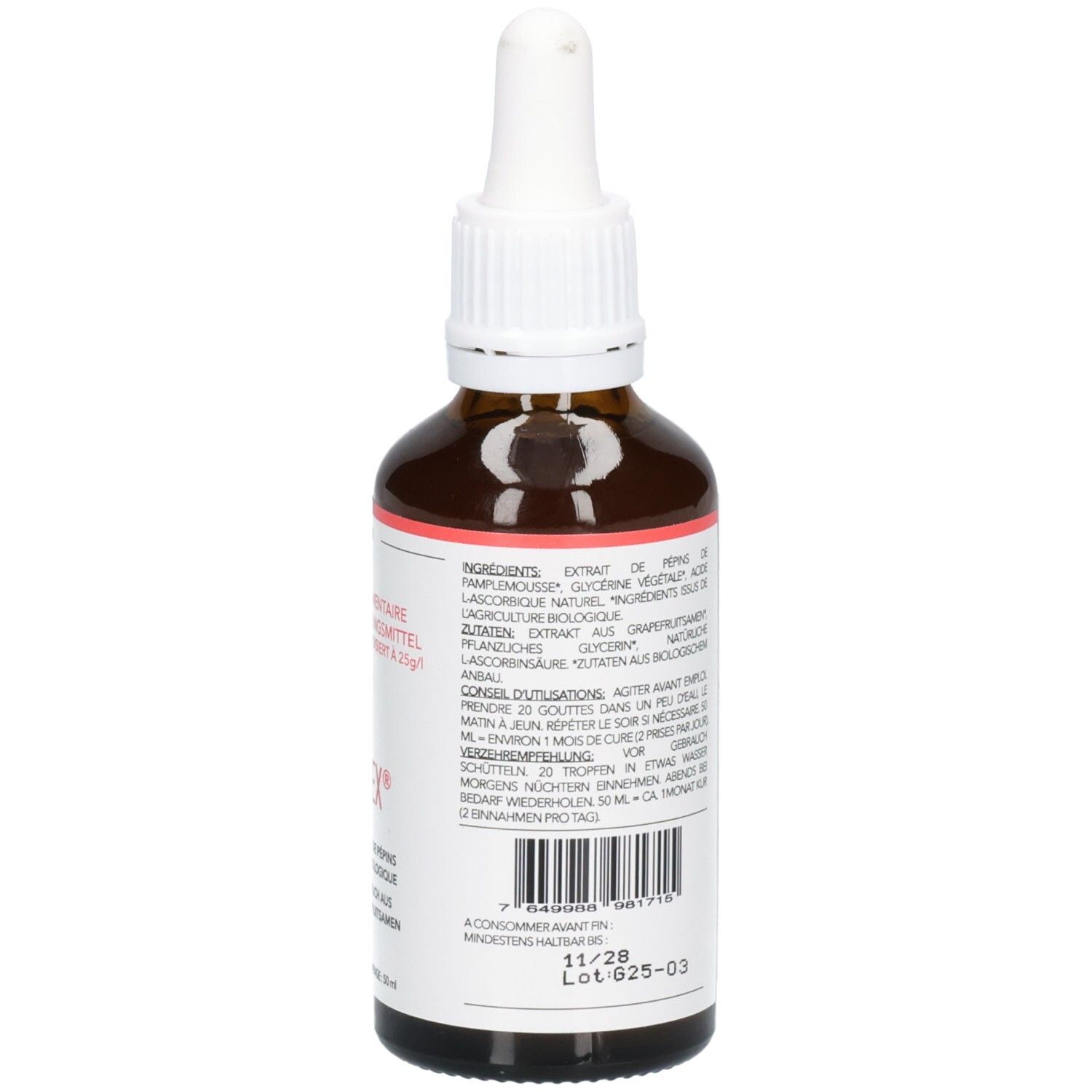 Etikettendetails einer braunen Glasflasche mit Pipettenverschluss, enthält Grapefruitkernextrakt. 50 ml.