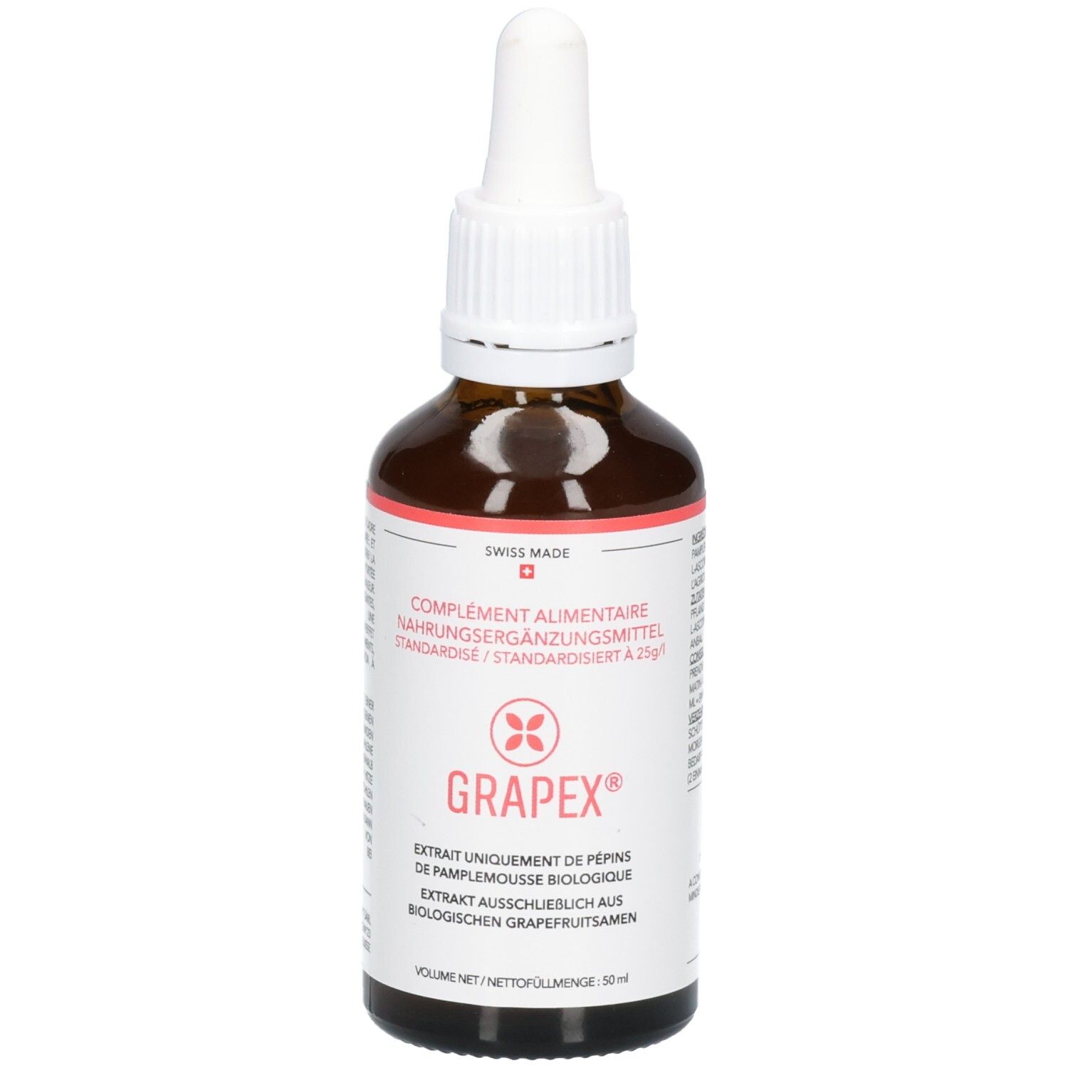 Braune Glasflasche mit Pipettenverschluss, enthält Grapefruitkernextrakt. 50 ml.