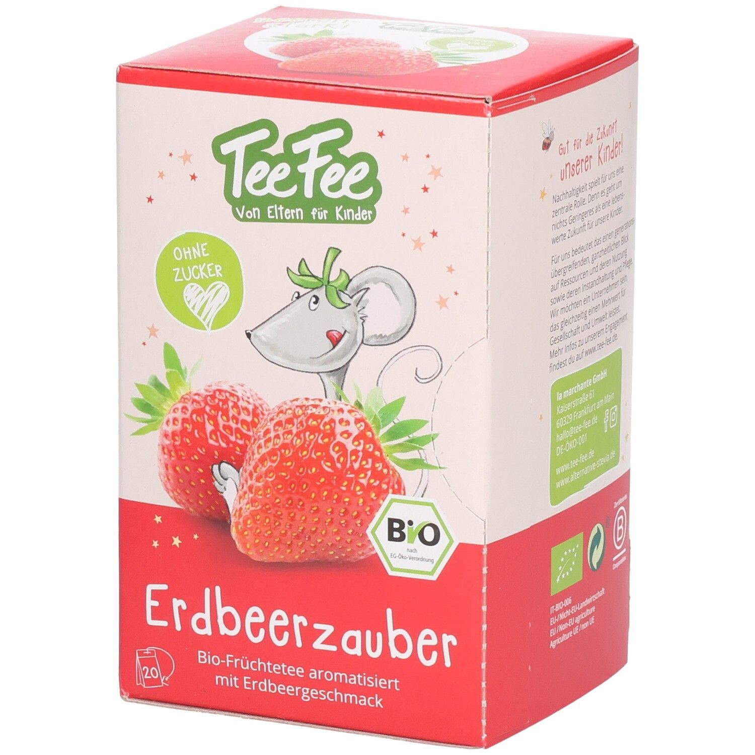 Karton mit Erdbeerzauber Bio-Früchtetee. Aufdruck: TeeFee, Erdbeeren, Maus-Illustration, Bio-Siegel, ohne Zucker.