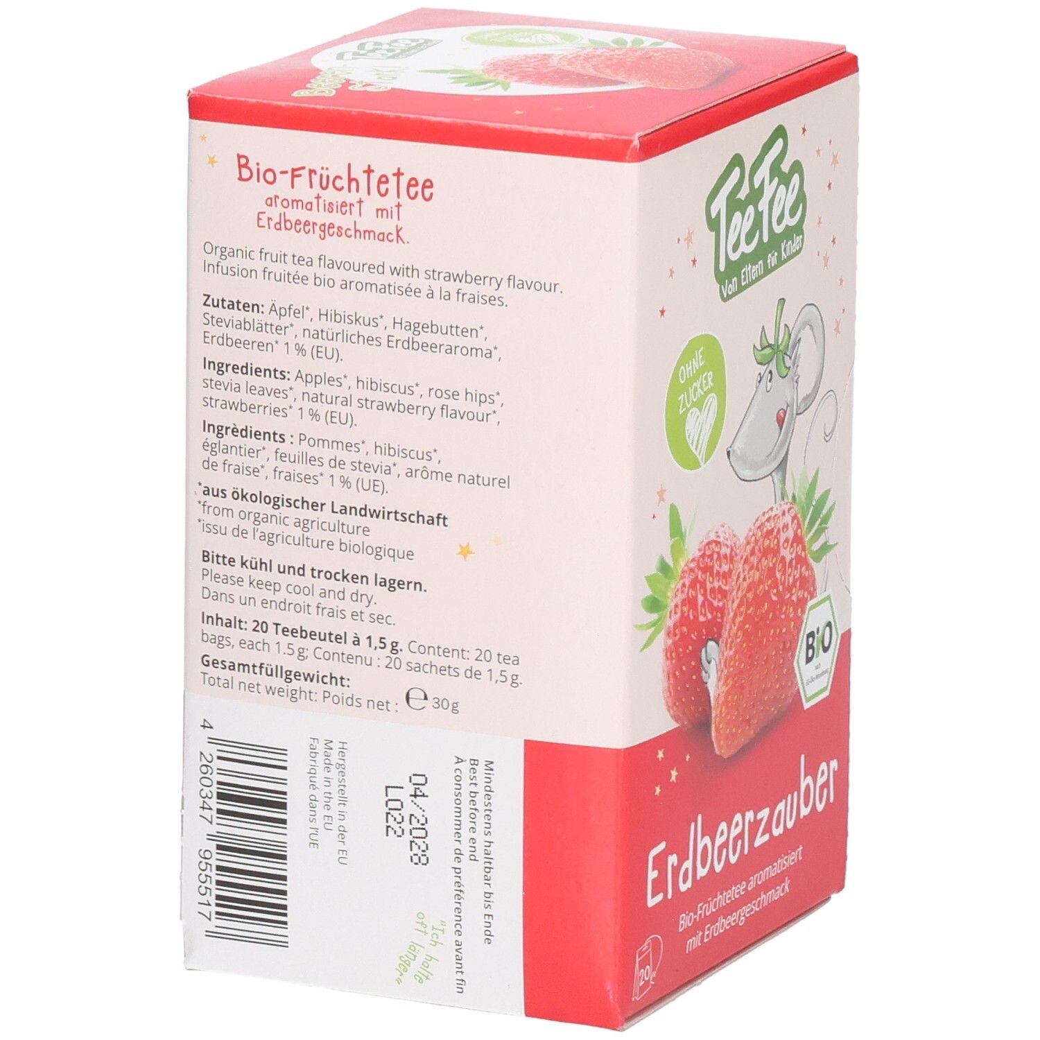 Rückseite der Teebox. Text: Bio-Früchtetee, Zutaten, Hinweise zur Lagerung, 20 Teebeutel, Bio-Siegel, Mindesthaltbarkeitsdatum.