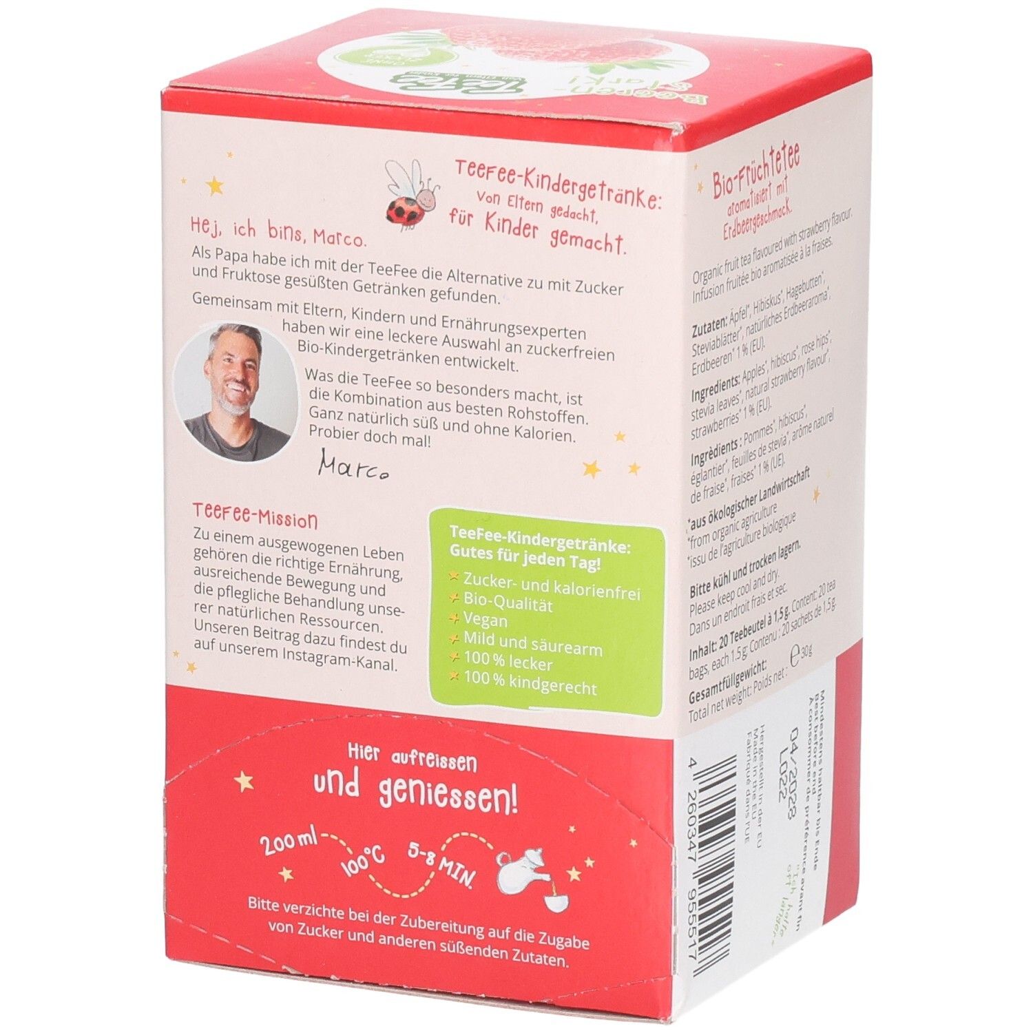 Teebox-Seite mit Text und Illustrationen. Text: TeeFee-Kindergetränke, Informationen, Bio-Qualität, vegan, zuckerfrei, 100% kindgerecht.