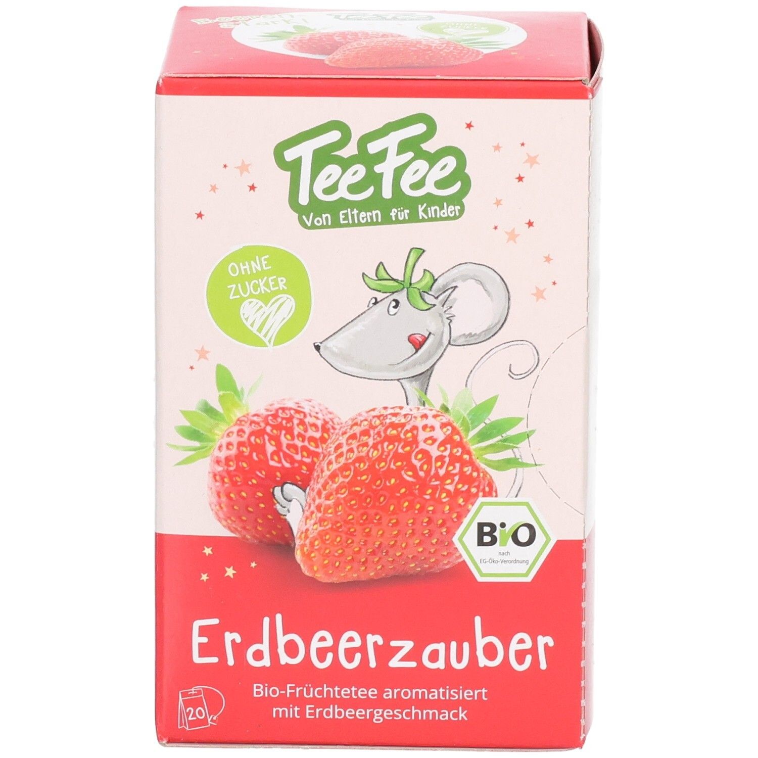 Vorderseite der Teebox. Aufdruck: TeeFee, Erdbeeren, Maus-Illustration, Bio-Siegel, ohne Zucker, Erdbeerzauber.