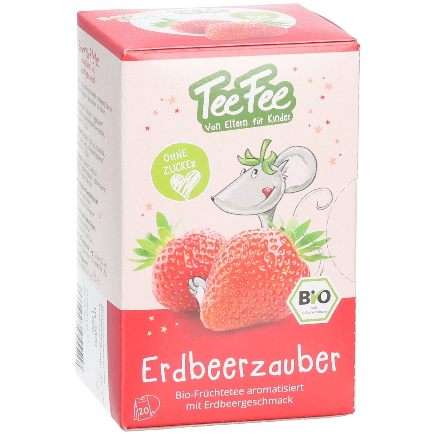 Vorderseite der Teebox. Aufdruck: TeeFee, Erdbeeren, Maus-Illustration, Bio-Siegel, ohne Zucker, Erdbeerzauber.